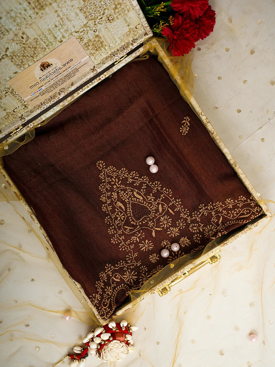 Ada Hand Embroidered Brown Tissue Pashmina Lucknowi Chikankari Teen Taar Shawl A244698
