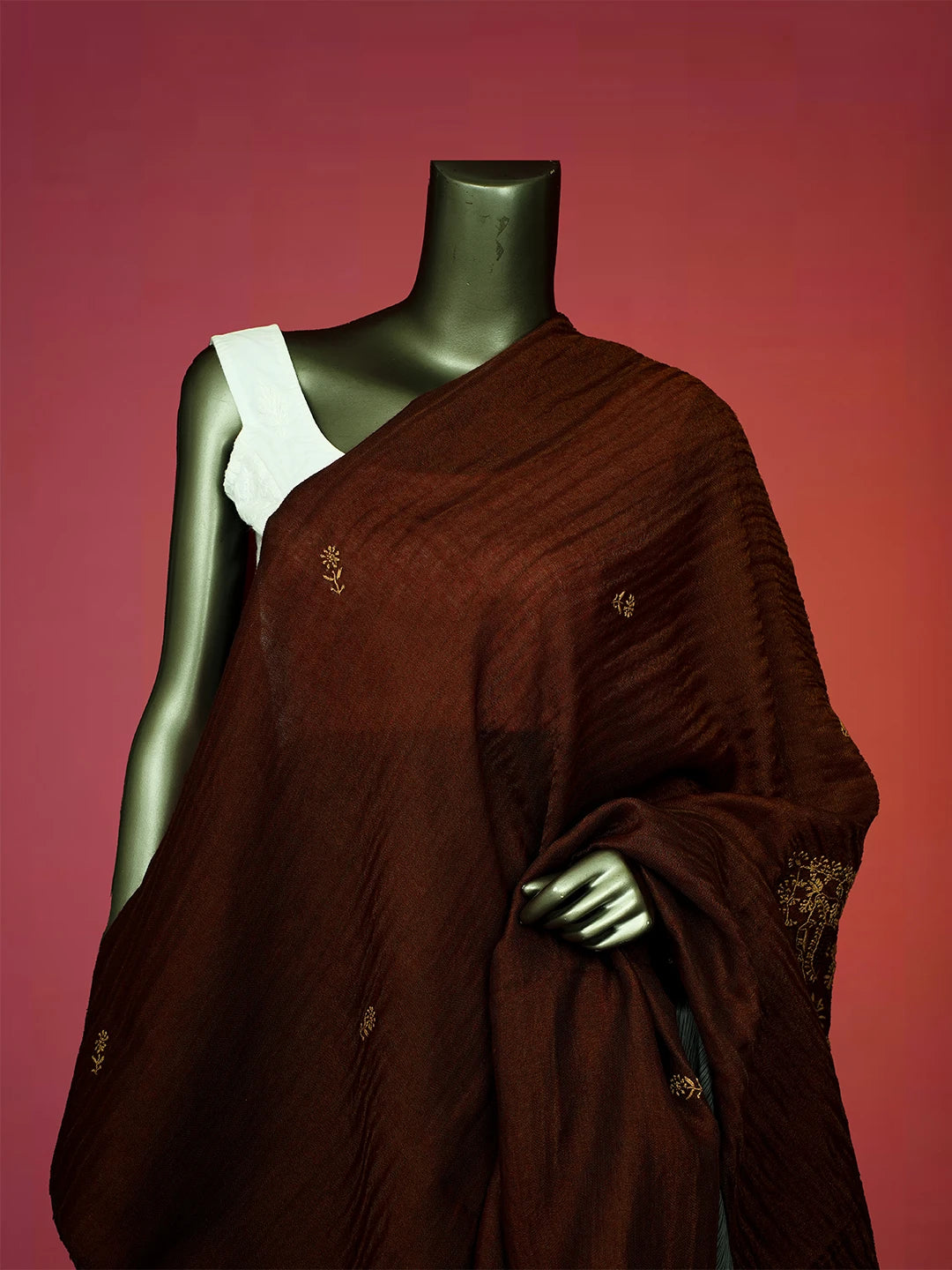 Ada Hand Embroidered Brown Tissue Pashmina Lucknowi Chikankari Teen Taar Shawl A244698