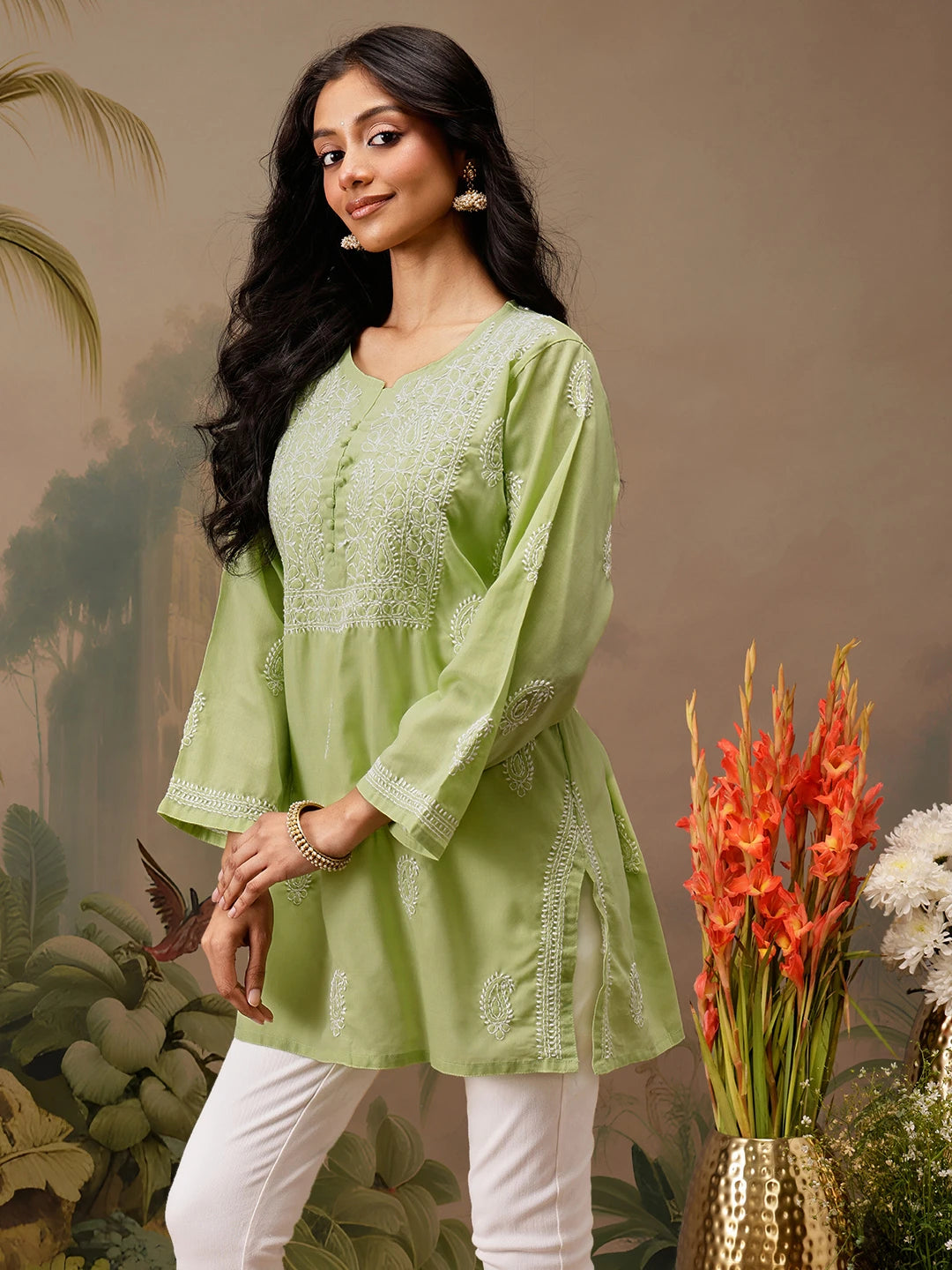 Ada Hand Embroidered Green Cotton Lucknowi Chikankari Short Kurti A911461