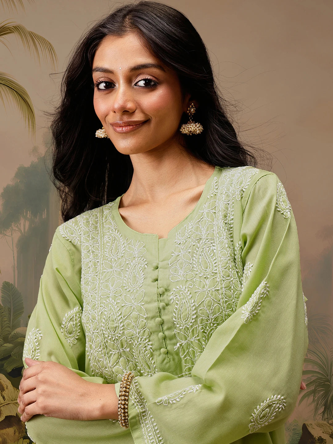 Ada Hand Embroidered Green Cotton Lucknowi Chikankari Short Kurti A911461