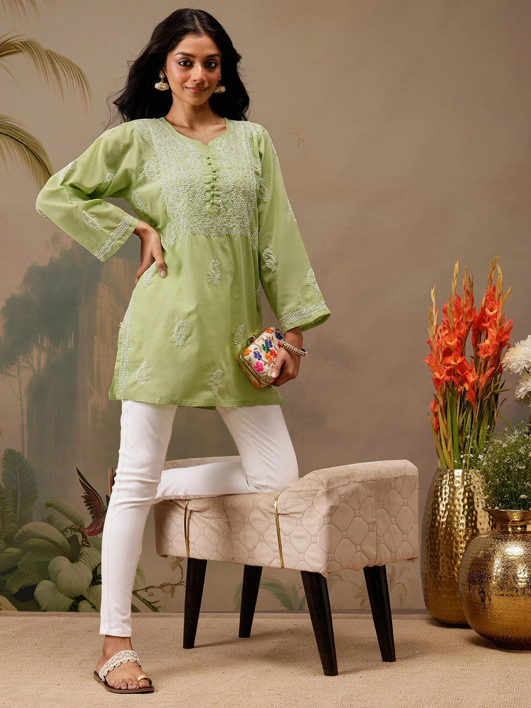Ada Hand Embroidered Green Cotton Lucknowi Chikankari Short Kurti A911461