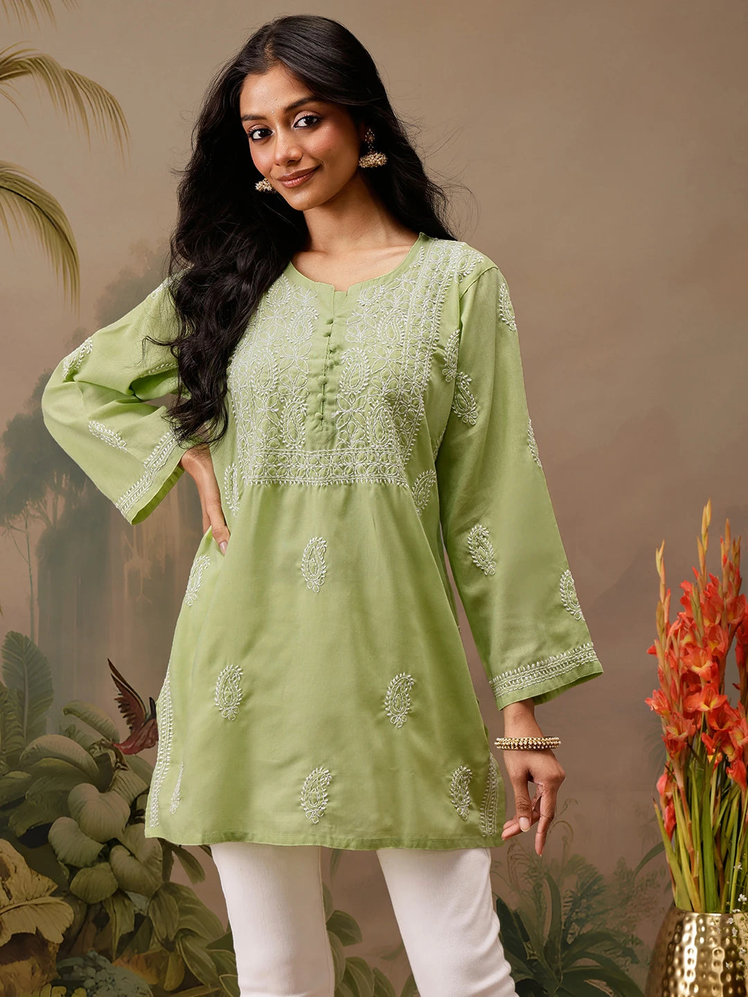 Ada Hand Embroidered Green Cotton Lucknowi Chikankari Short Kurti A911461