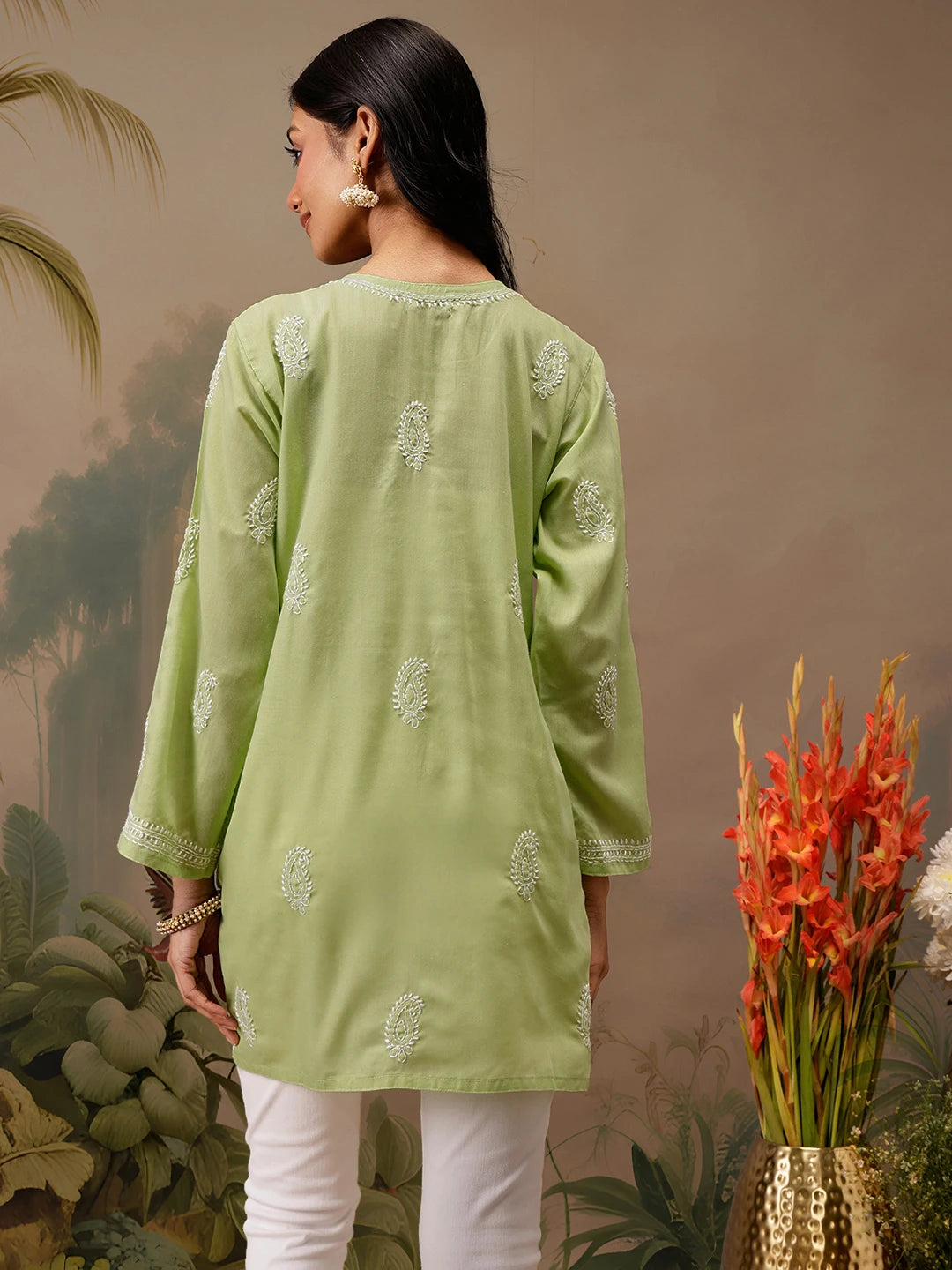 Ada Hand Embroidered Green Cotton Lucknowi Chikankari Short Kurti A911461