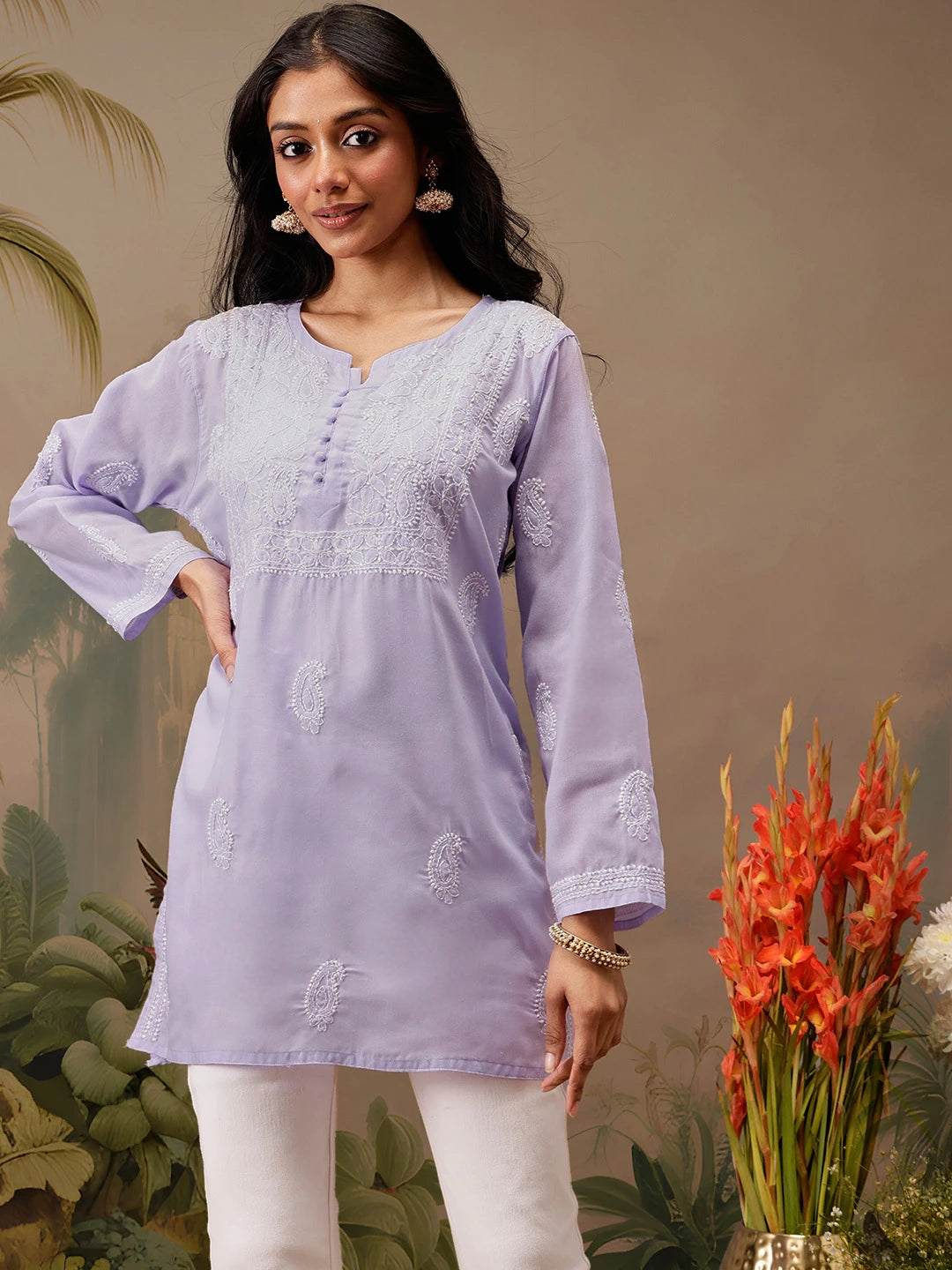 Ada Hand Embroidered Mauve Cotton Lucknowi Chikankari Short Kurti A911459