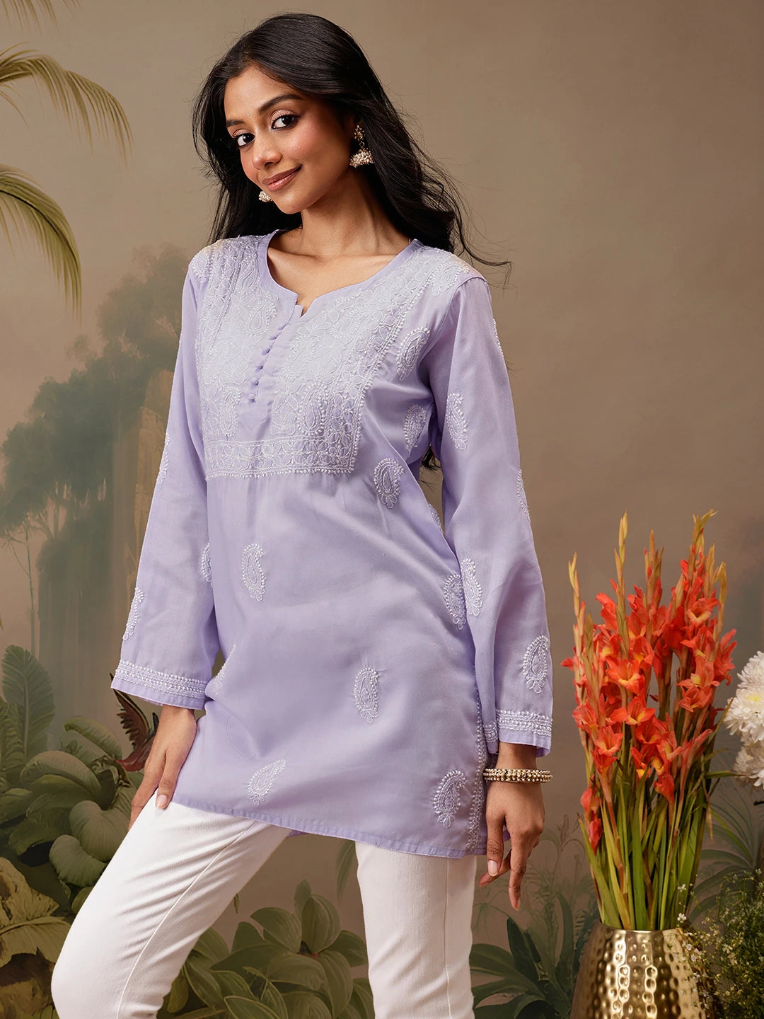 Ada Hand Embroidered Mauve Cotton Lucknowi Chikankari Short Kurti A911459