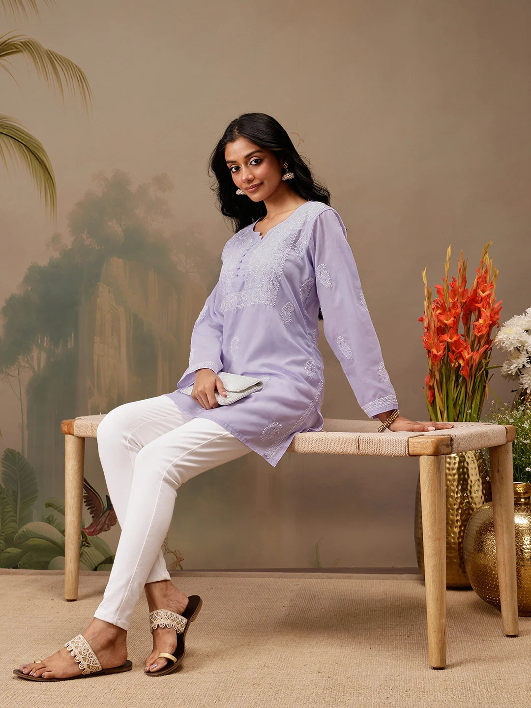 Ada Hand Embroidered Mauve Cotton Lucknowi Chikankari Short Kurti A911459