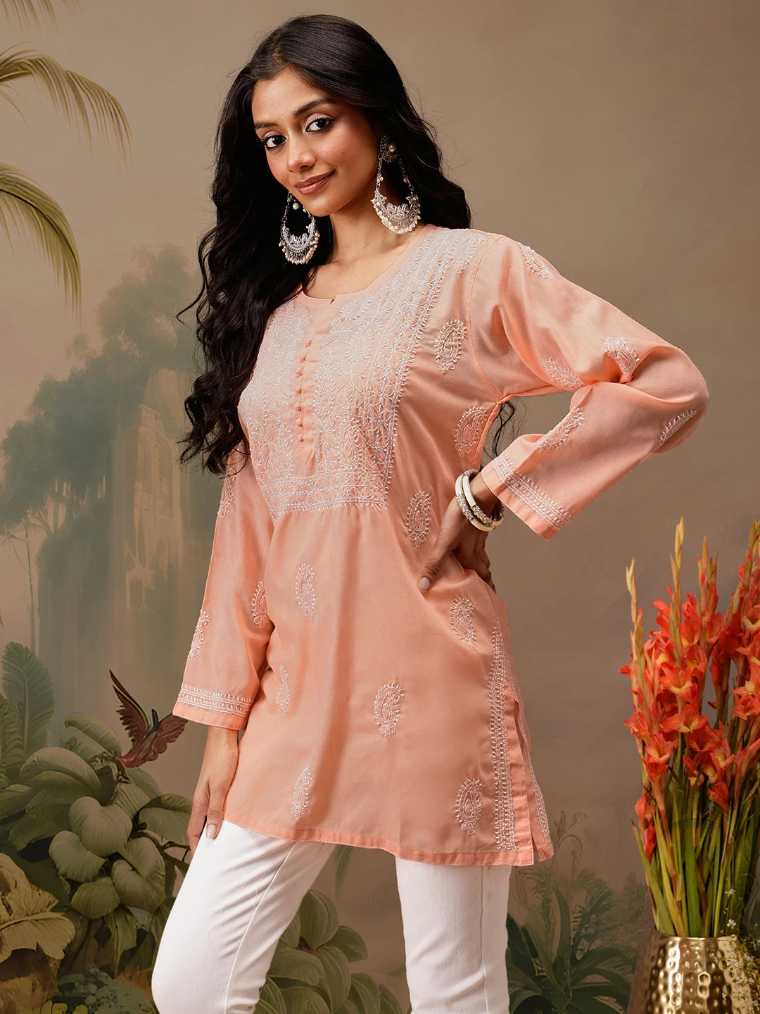 Ada Hand Embroidered Peach Cotton Lucknowi Chikankari Short Kurti A911465