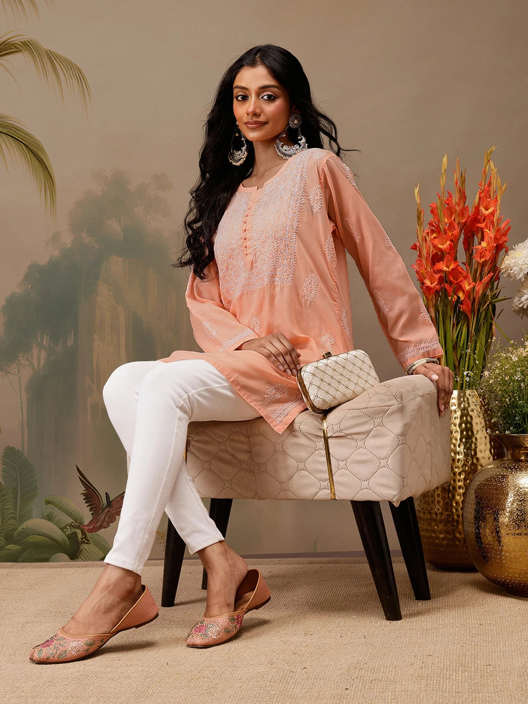 Ada Hand Embroidered Peach Cotton Lucknowi Chikankari Short Kurti A911465