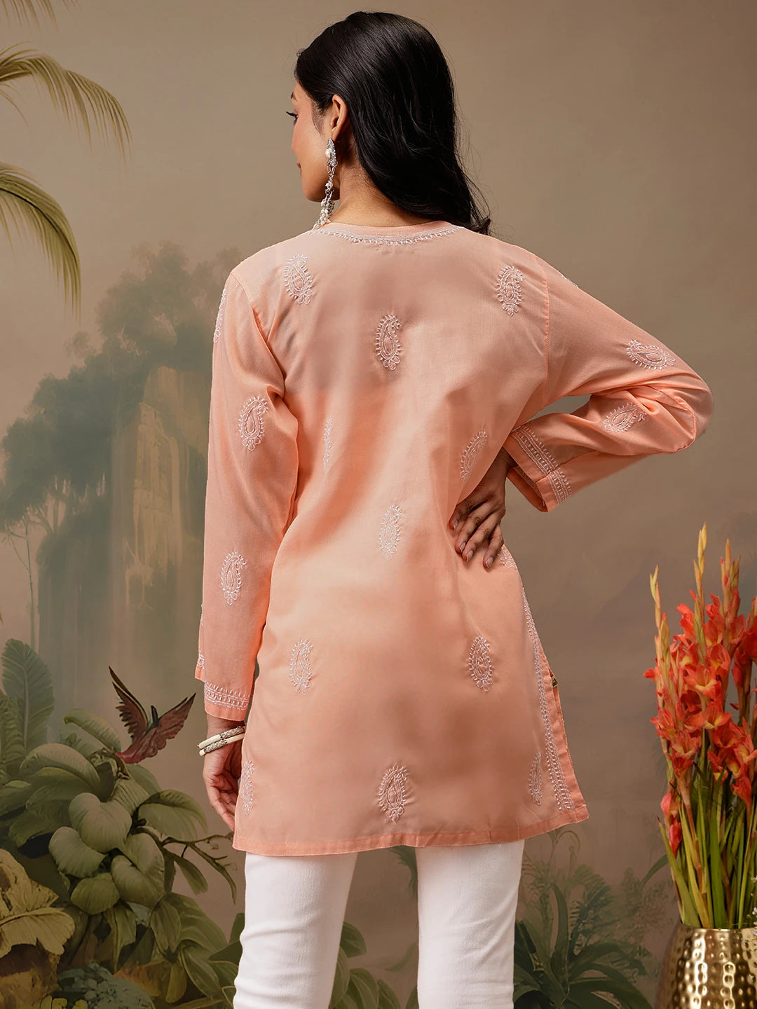 Ada Hand Embroidered Peach Cotton Lucknowi Chikankari Short Kurti A911465