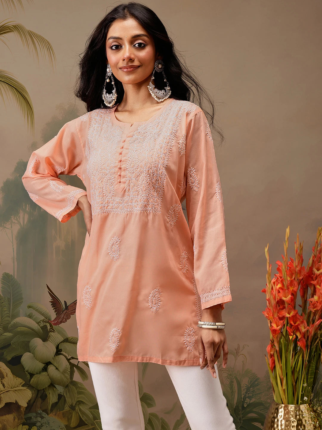 Ada Hand Embroidered Peach Cotton Lucknowi Chikankari Short Kurti A911465