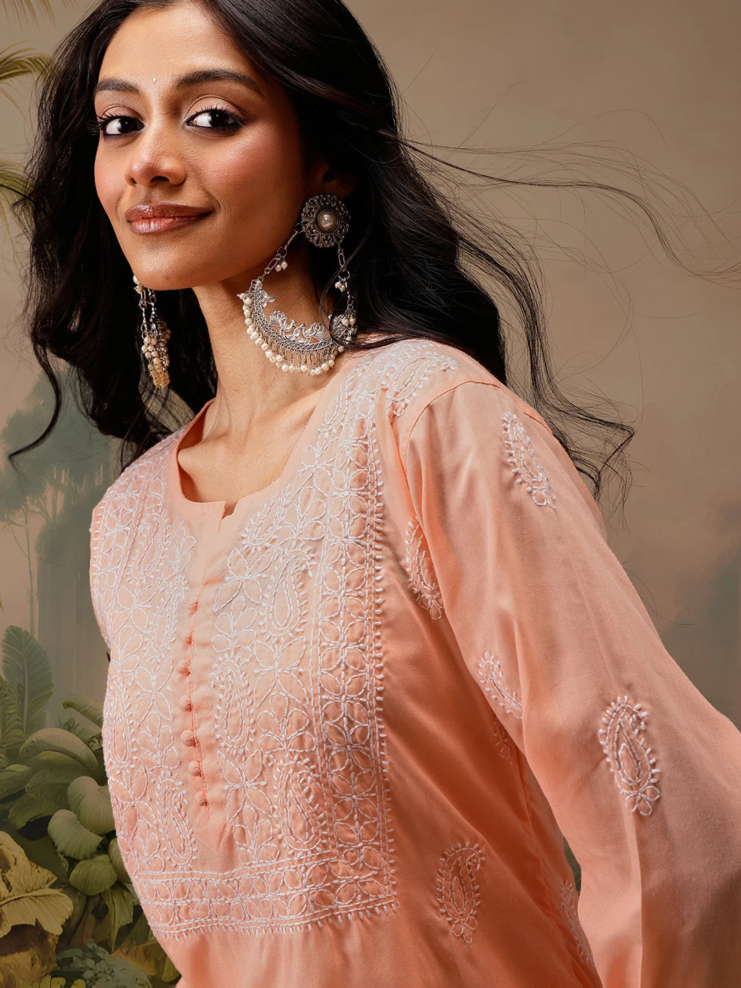 Ada Hand Embroidered Peach Cotton Lucknowi Chikankari Short Kurti A911465