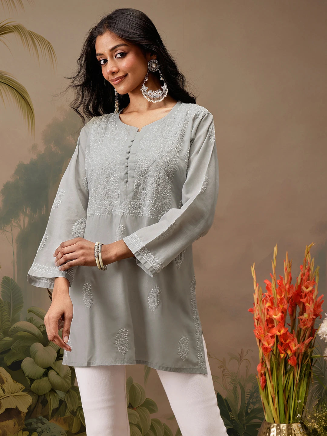 Ada Hand Embroidered Grey Cotton Lucknowi Chikankari Short Kurti A911463