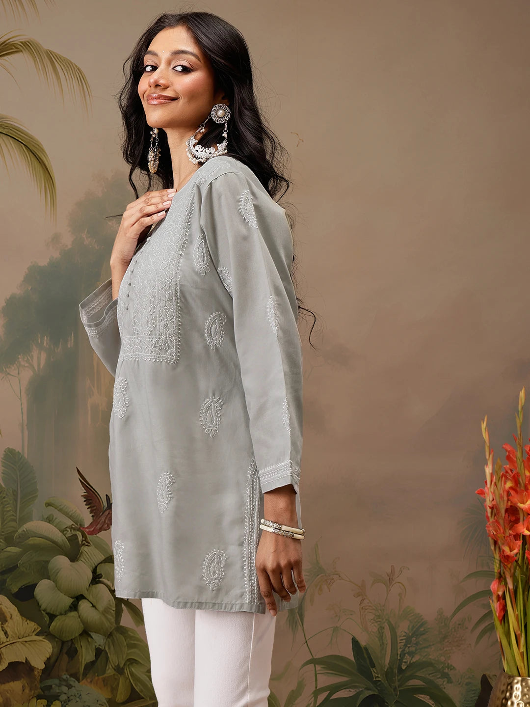 Ada Hand Embroidered Grey Cotton Lucknowi Chikankari Short Kurti A911463