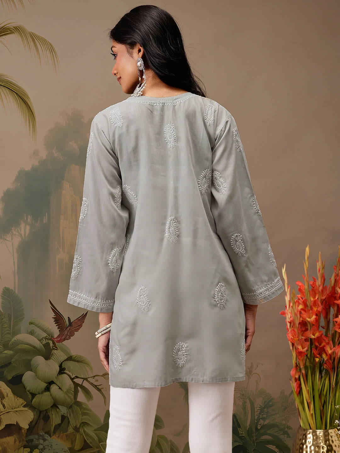 Ada Hand Embroidered Grey Cotton Lucknowi Chikankari Short Kurti A911463