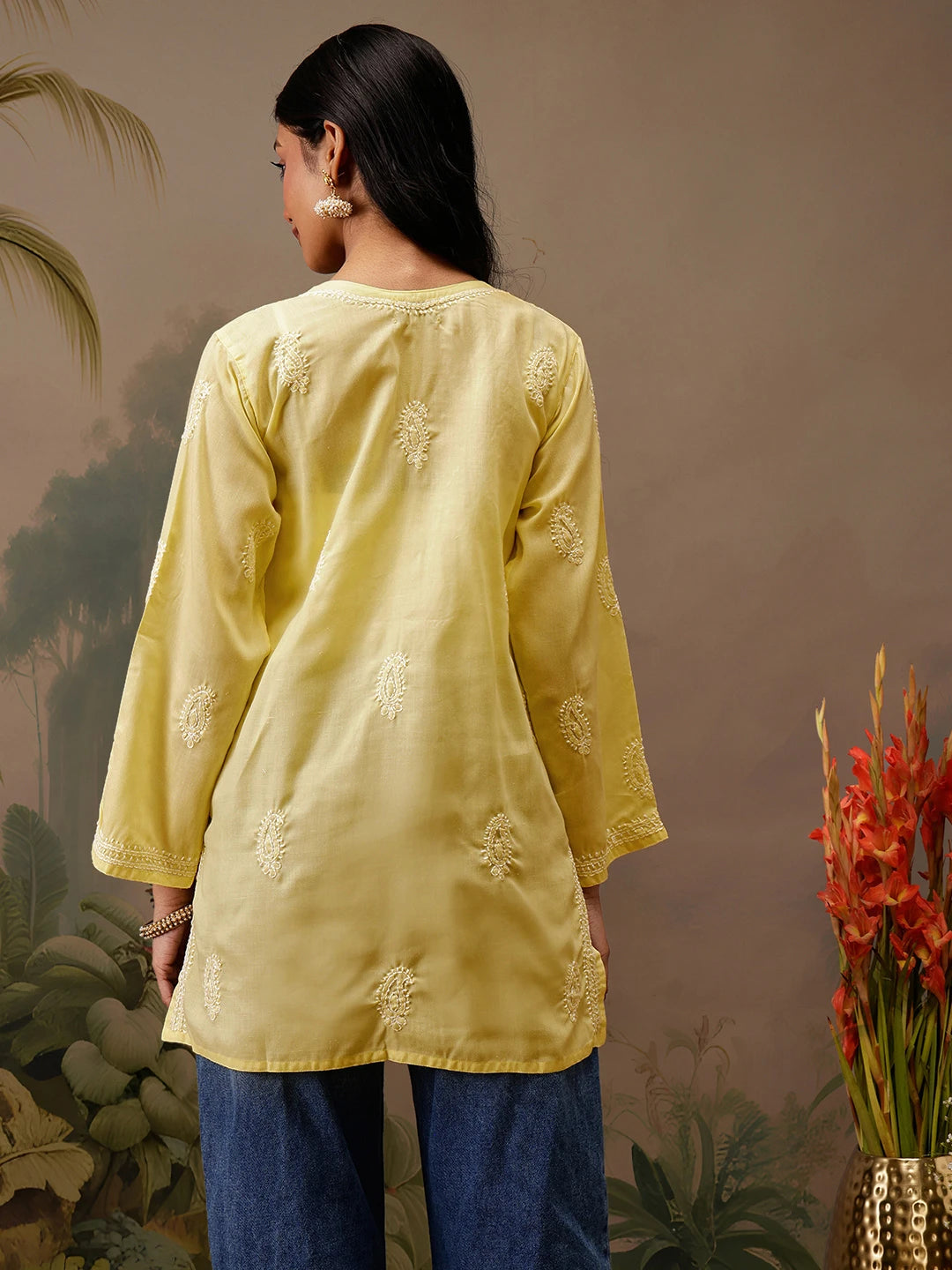 Ada Hand Embroidered Yellow Cotton Lucknowi Chikankari Short Kurti A911464