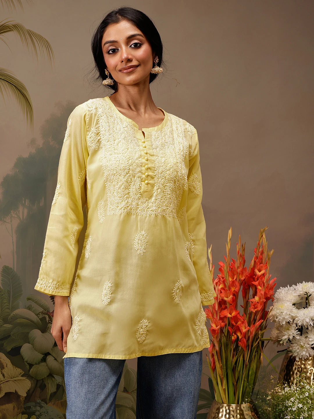 Ada Hand Embroidered Yellow Cotton Lucknowi Chikankari Short Kurti A911464