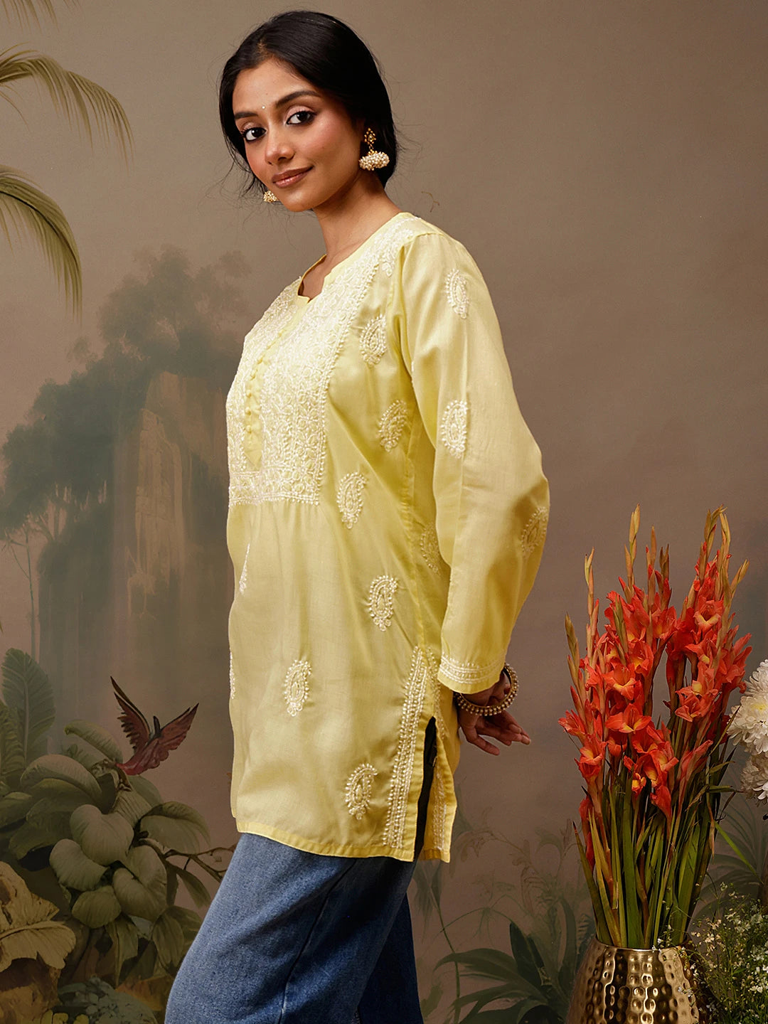 Ada Hand Embroidered Yellow Cotton Lucknowi Chikankari Short Kurti A911464