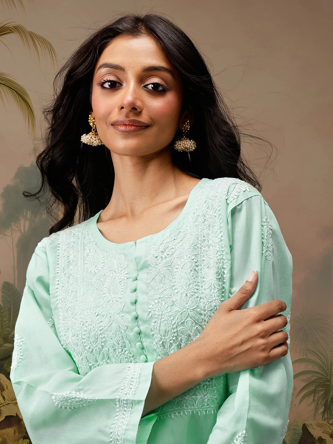 Ada Hand Embroidered Sea Green Cotton Lucknowi Chikankari Short Kurti A911466