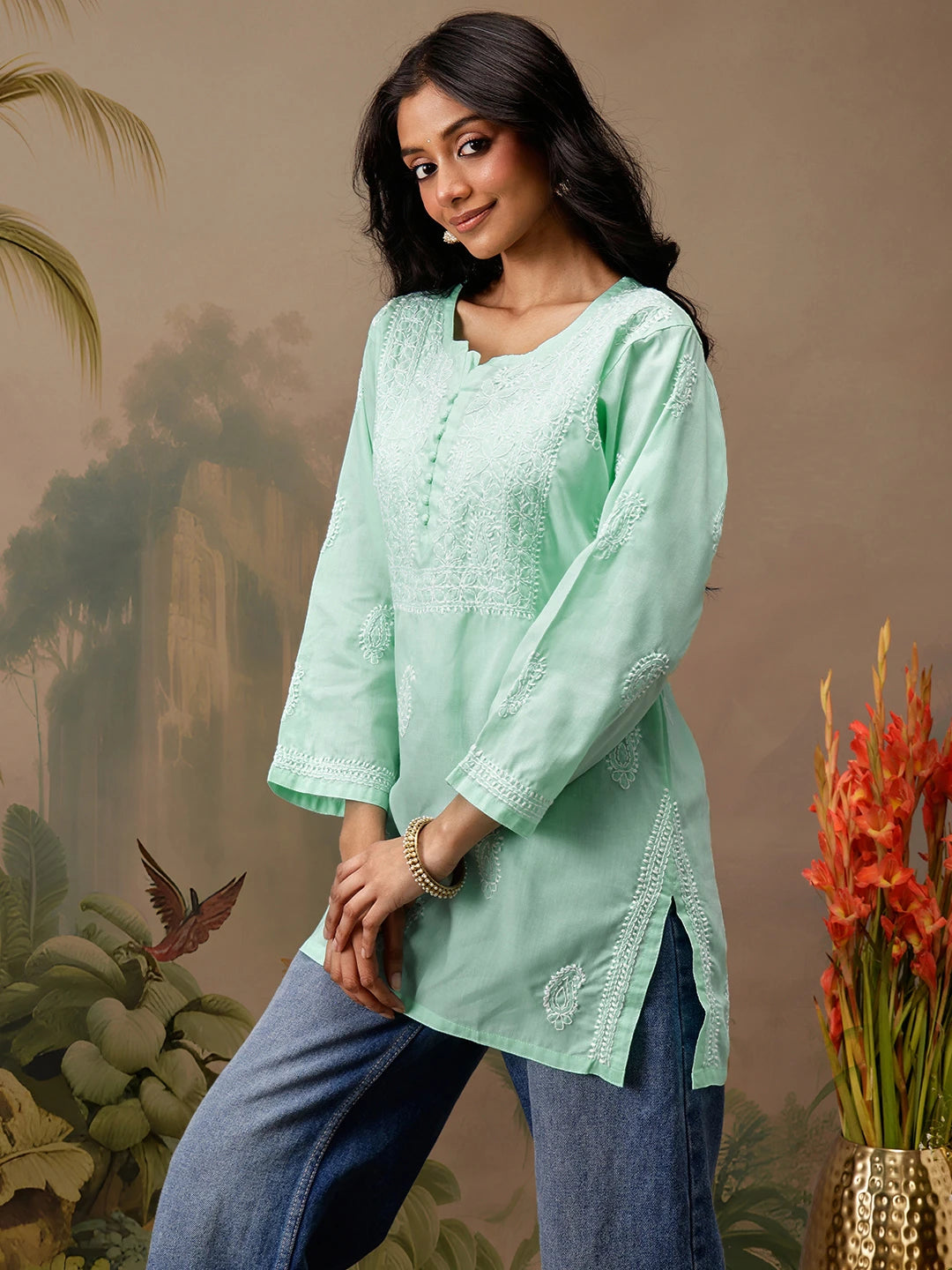 Ada Hand Embroidered Sea Green Cotton Lucknowi Chikankari Short Kurti A911466