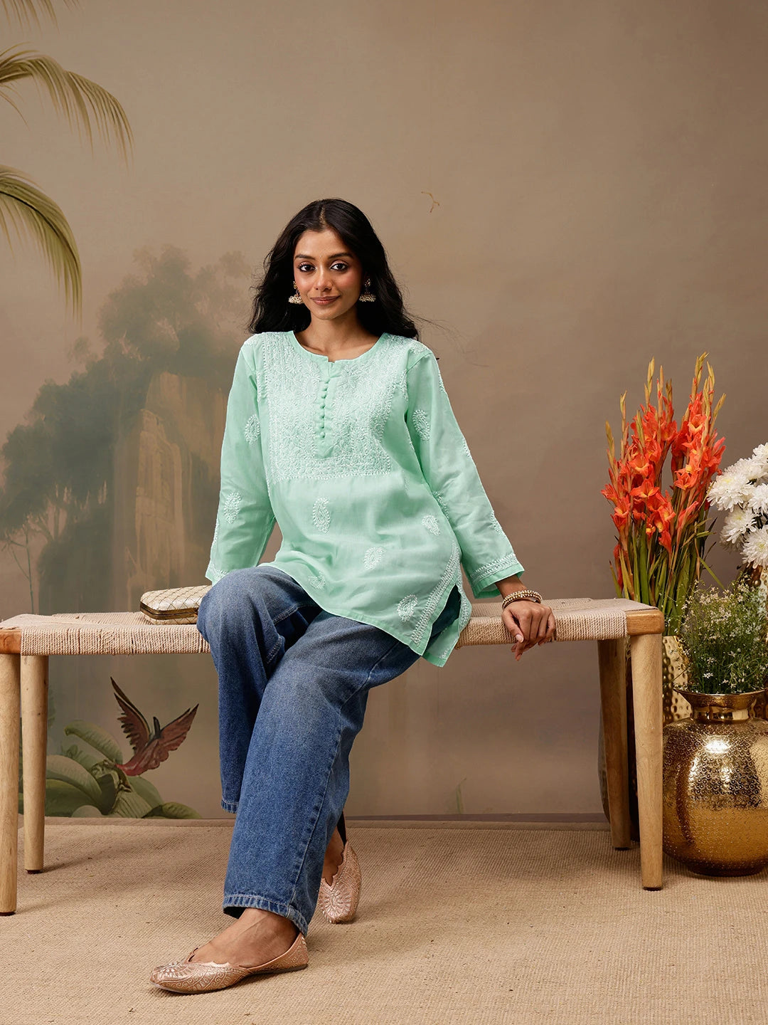 Ada Hand Embroidered Sea Green Cotton Lucknowi Chikankari Short Kurti A911466