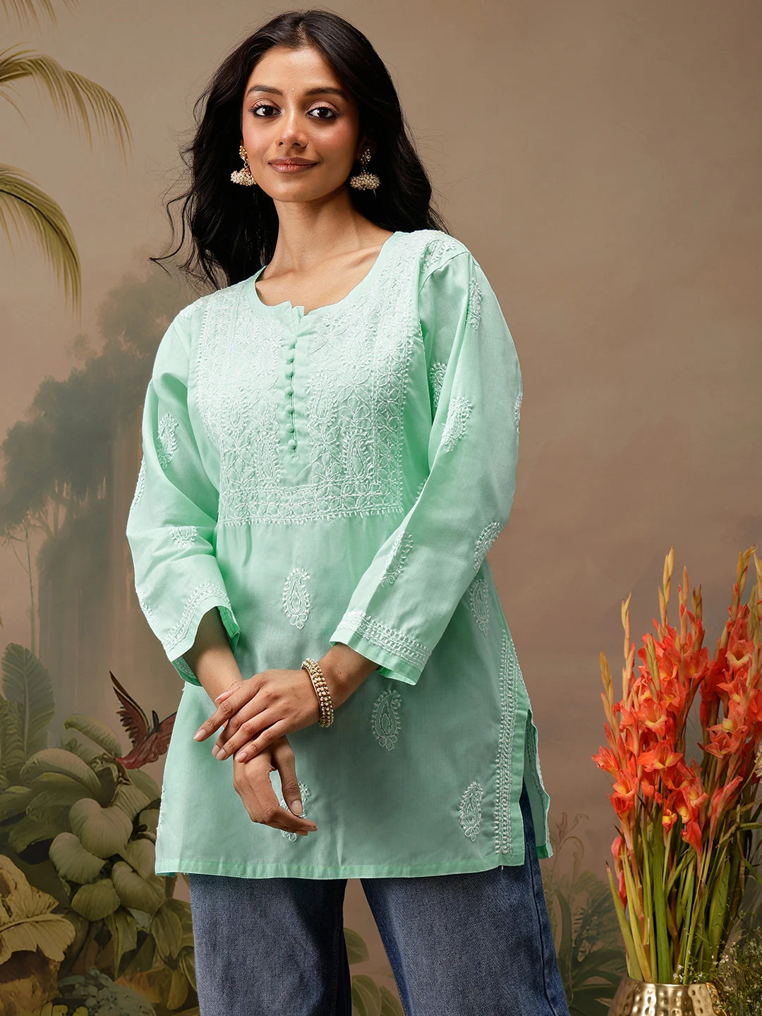 Ada Hand Embroidered Sea Green Cotton Lucknowi Chikankari Short Kurti A911466