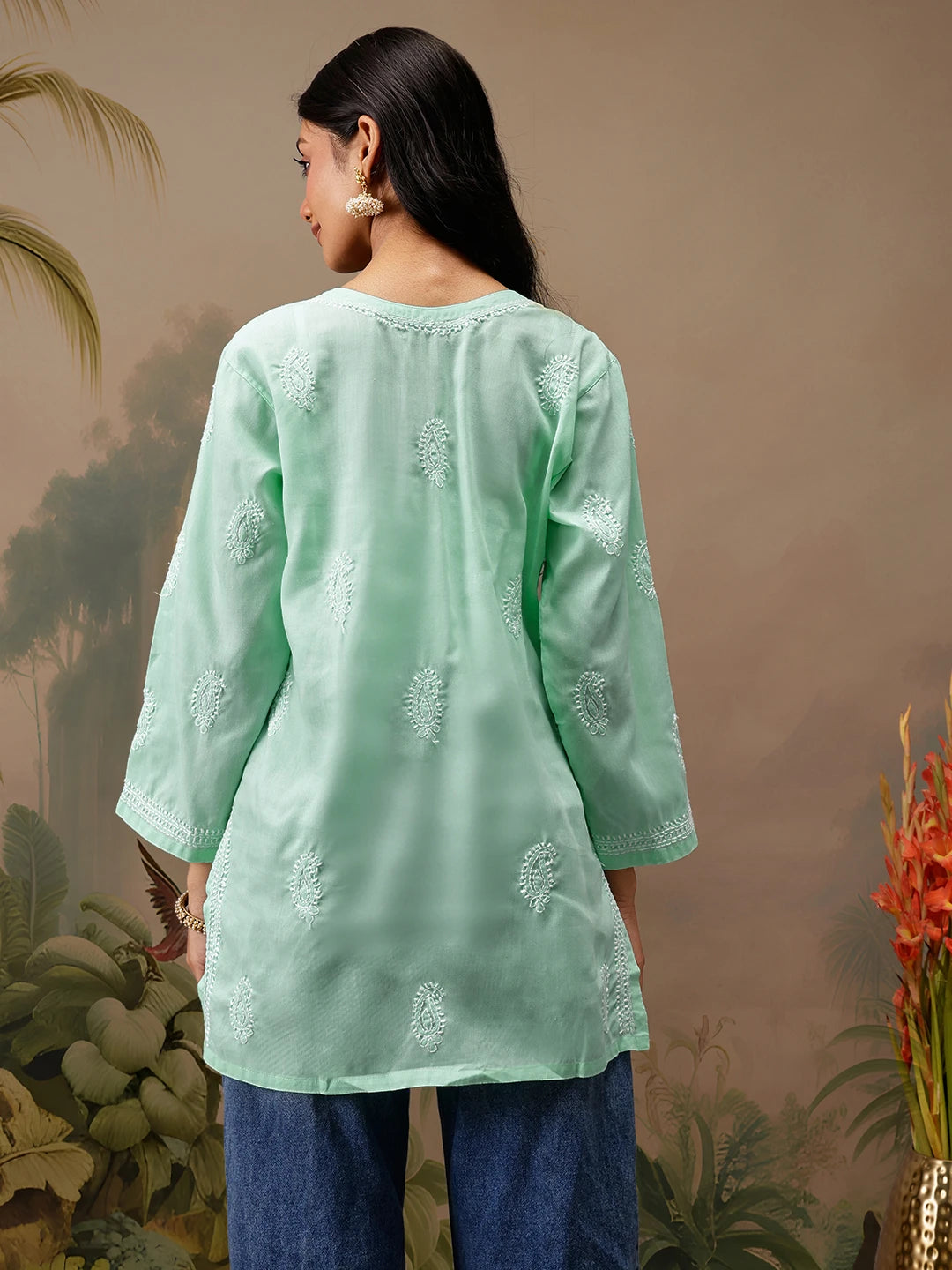 Ada Hand Embroidered Sea Green Cotton Lucknowi Chikankari Short Kurti A911466