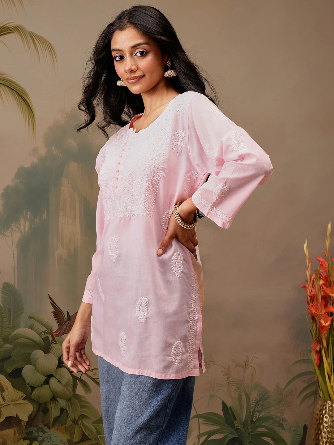 Ada Hand Embroidered Pink Cotton Lucknowi Chikankari Short Kurti A911460