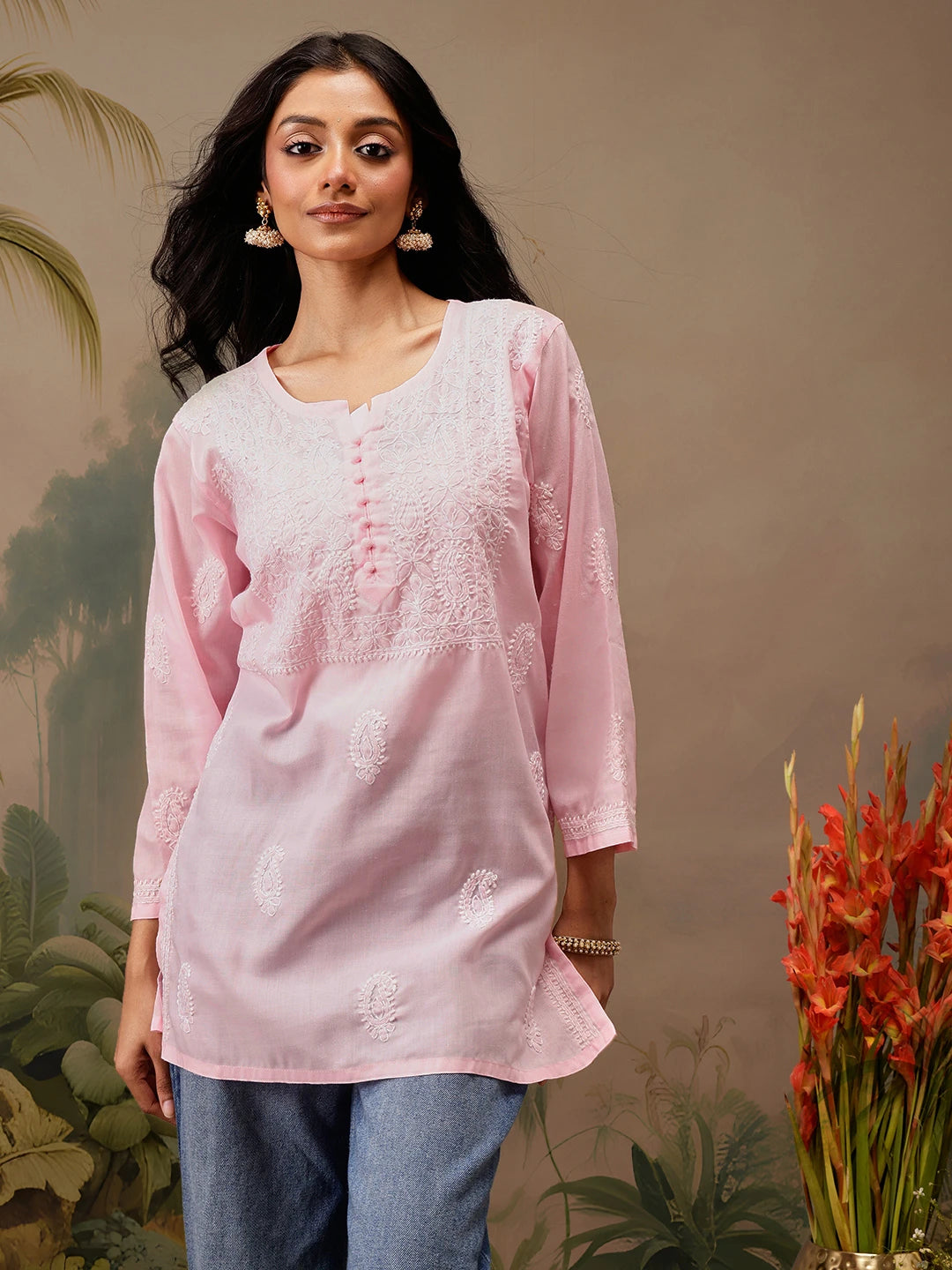 Ada Hand Embroidered Pink Cotton Lucknowi Chikankari Short Kurti A911460