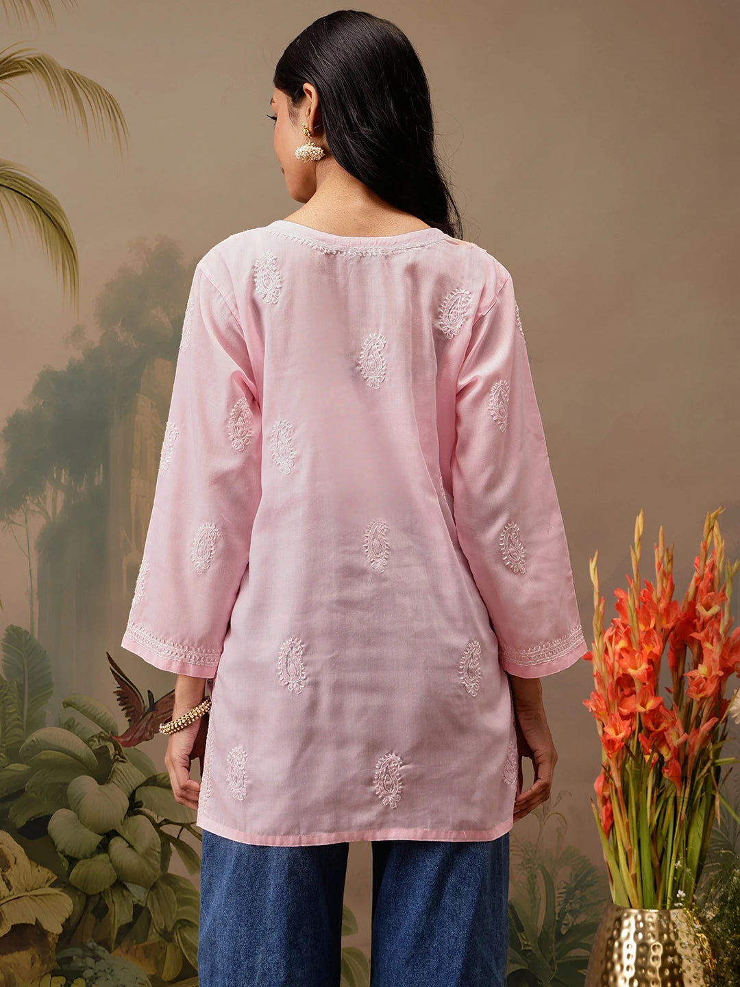 Ada Hand Embroidered Pink Cotton Lucknowi Chikankari Short Kurti A911460