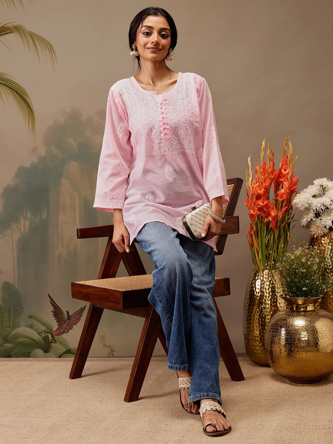 Ada Hand Embroidered Pink Cotton Lucknowi Chikankari Short Kurti A911460