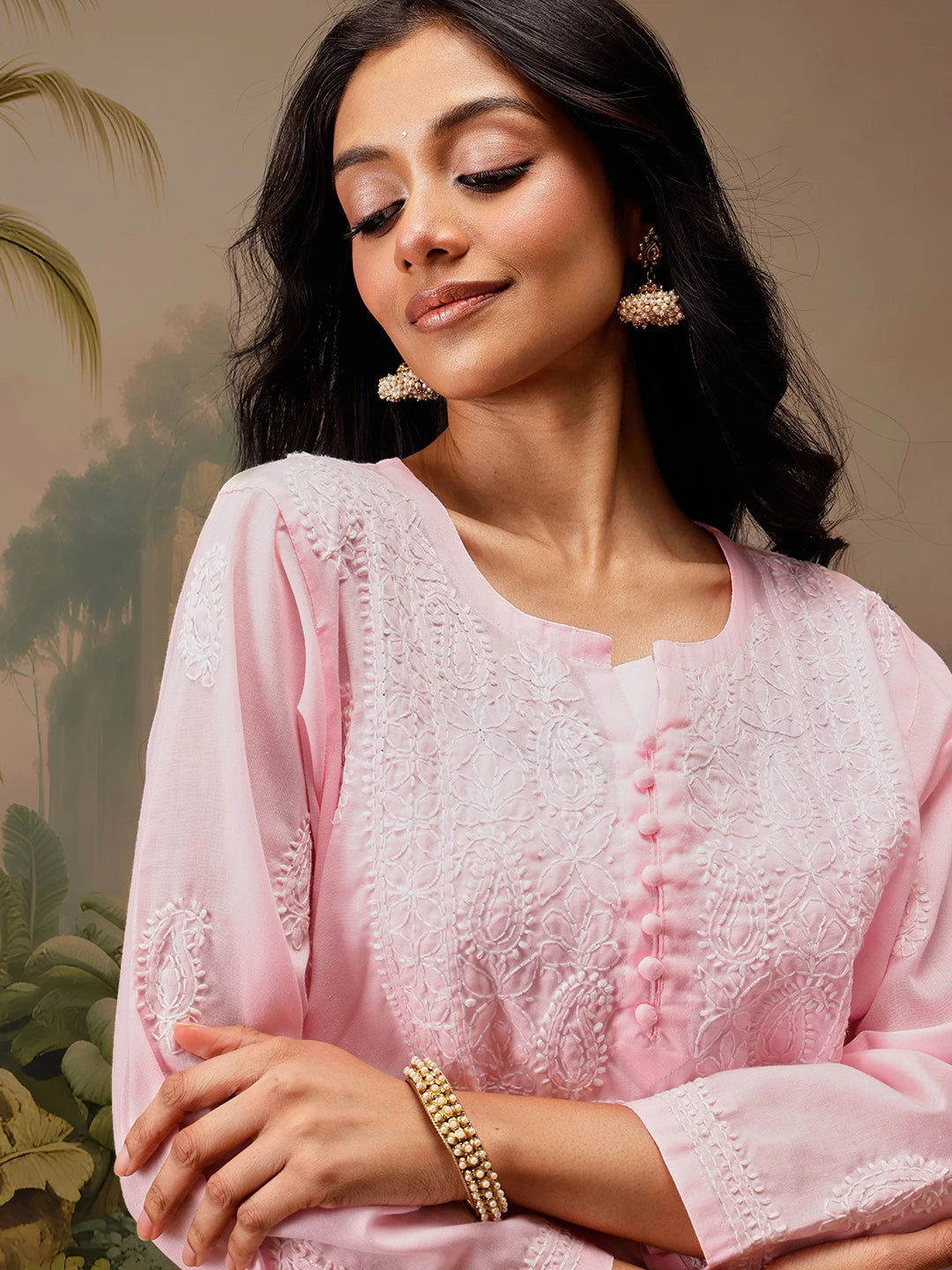 Ada Hand Embroidered Pink Cotton Lucknowi Chikankari Short Kurti A911460