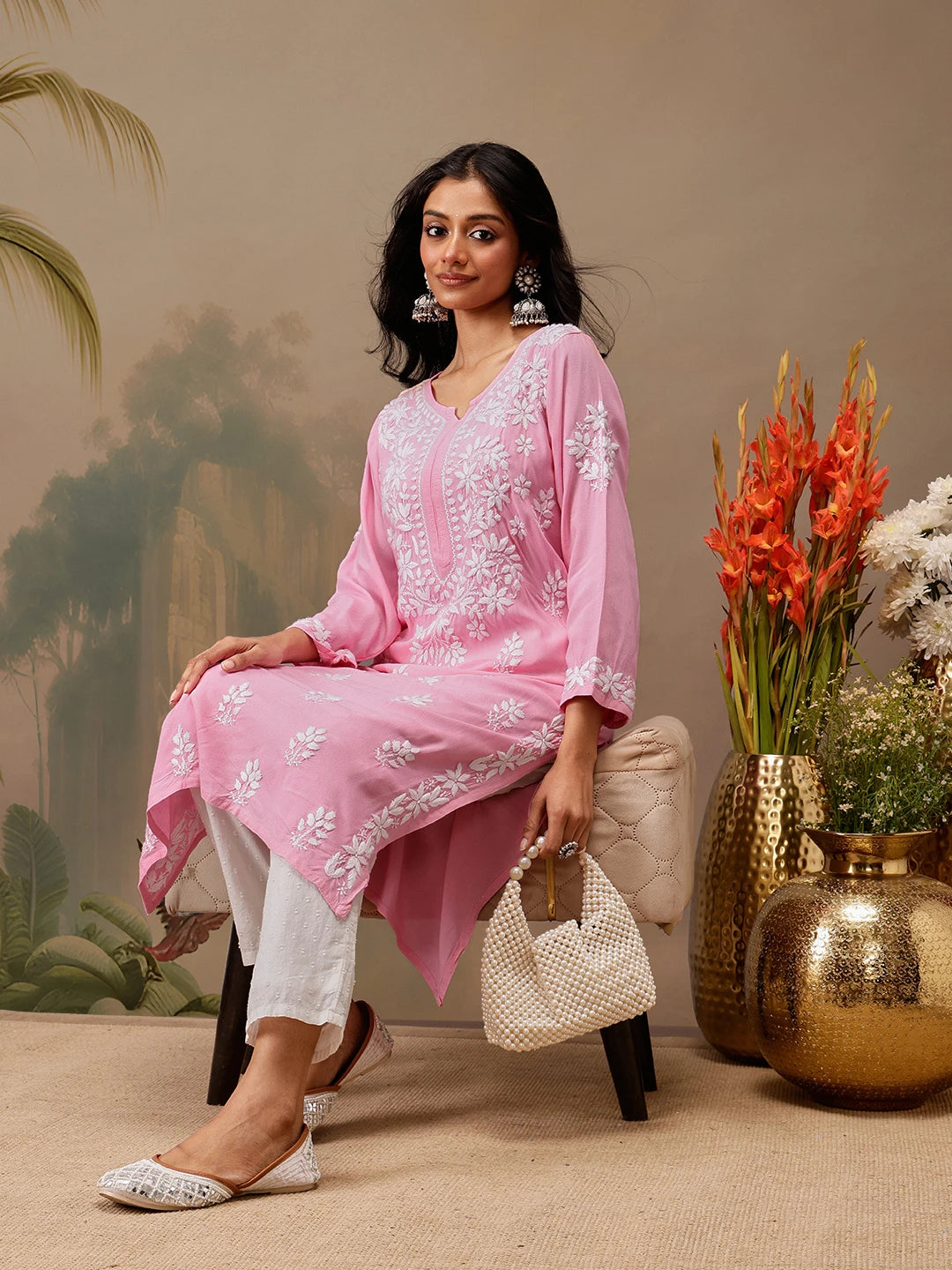 Ada Hand Embroidered Pink Rayon Lucknowi Chikankari Straight Kurta A411724
