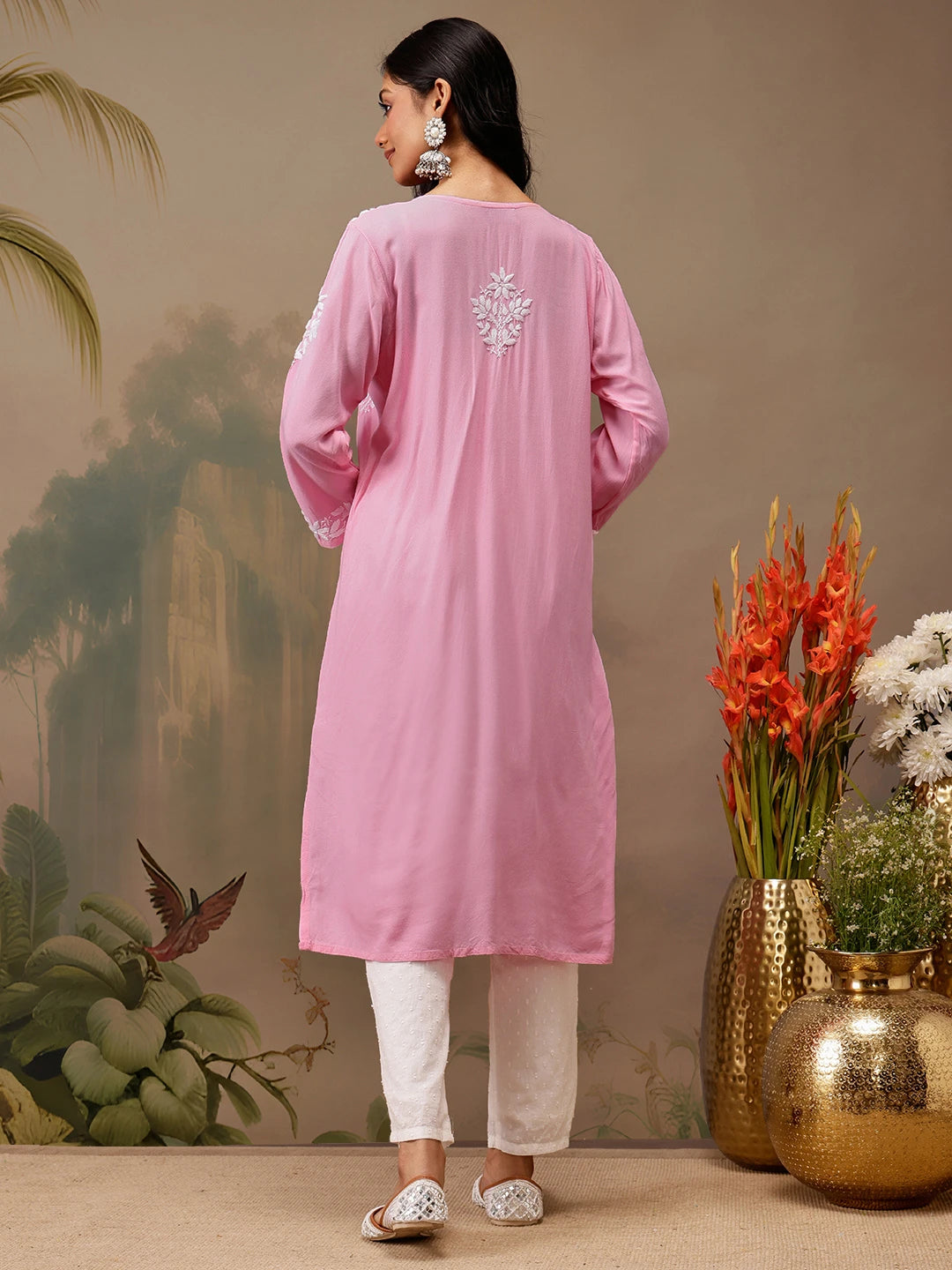 Ada Hand Embroidered Pink Rayon Lucknowi Chikankari Straight Kurta A411724