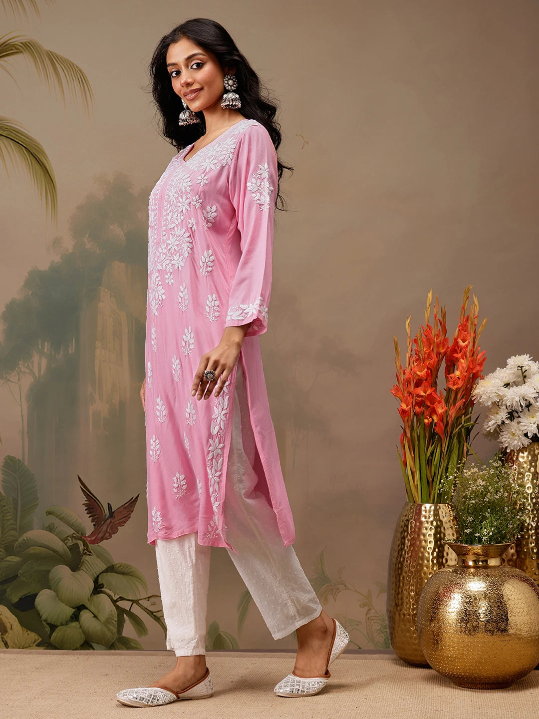 Ada Hand Embroidered Pink Rayon Lucknowi Chikankari Straight Kurta A411724