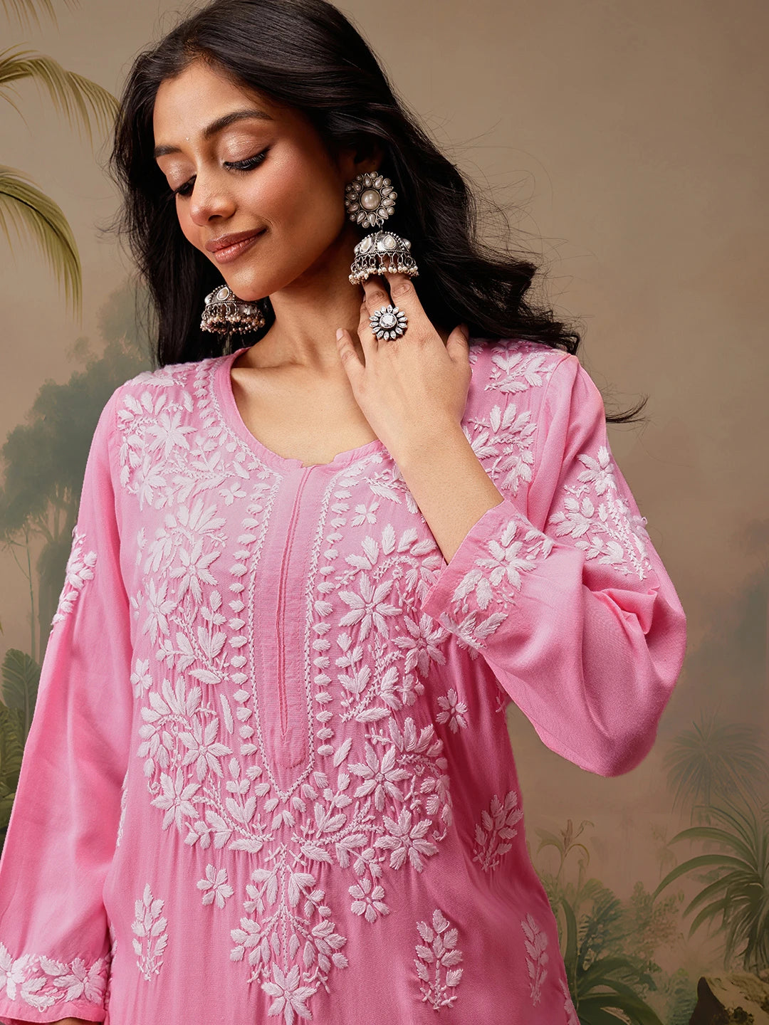 Ada Hand Embroidered Pink Rayon Lucknowi Chikankari Straight Kurta A411724