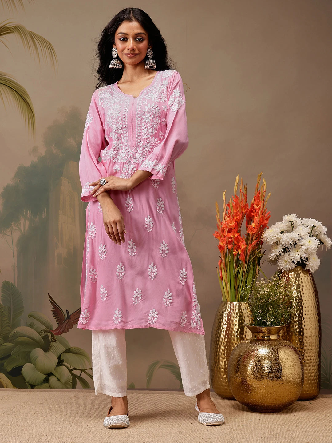 Ada Hand Embroidered Pink Rayon Lucknowi Chikankari Straight Kurta A411724