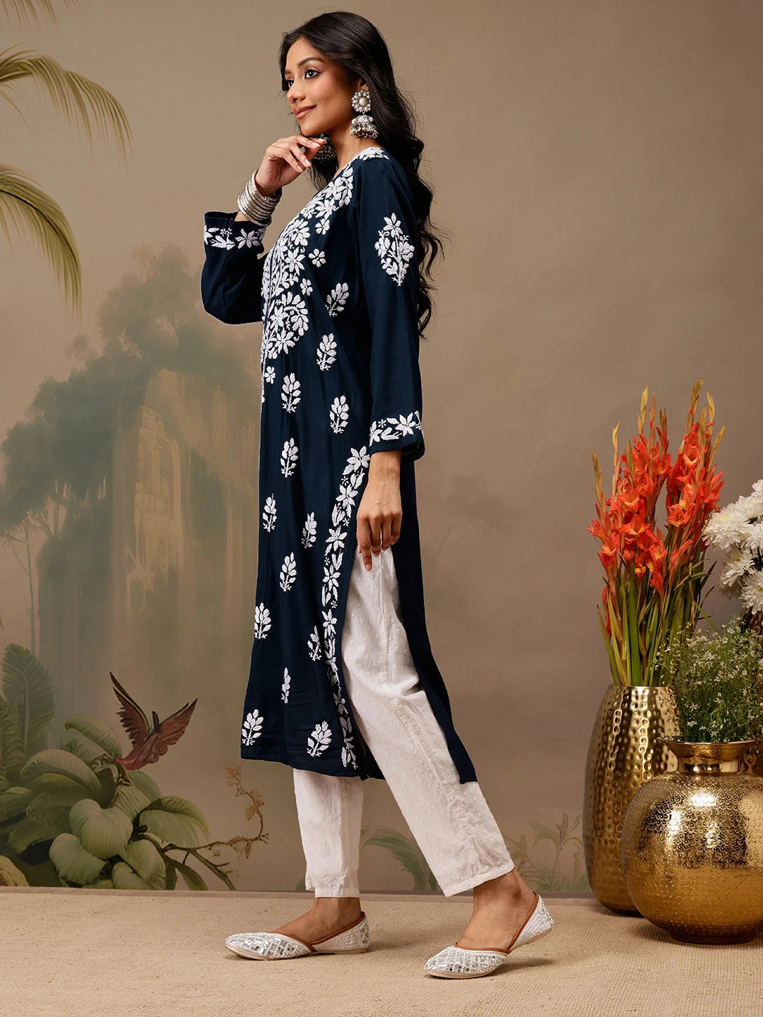 Ada Hand Embroidered Navy Blue Cotton Lucknowi Chikankari Straight Kurta A411723