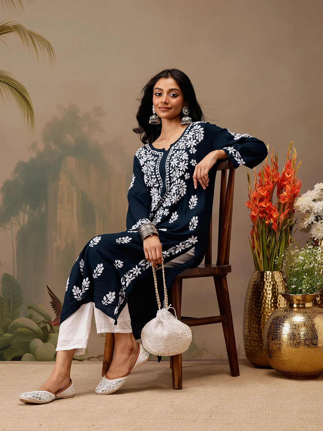 Ada Hand Embroidered Navy Blue Cotton Lucknowi Chikankari Straight Kurta A411723