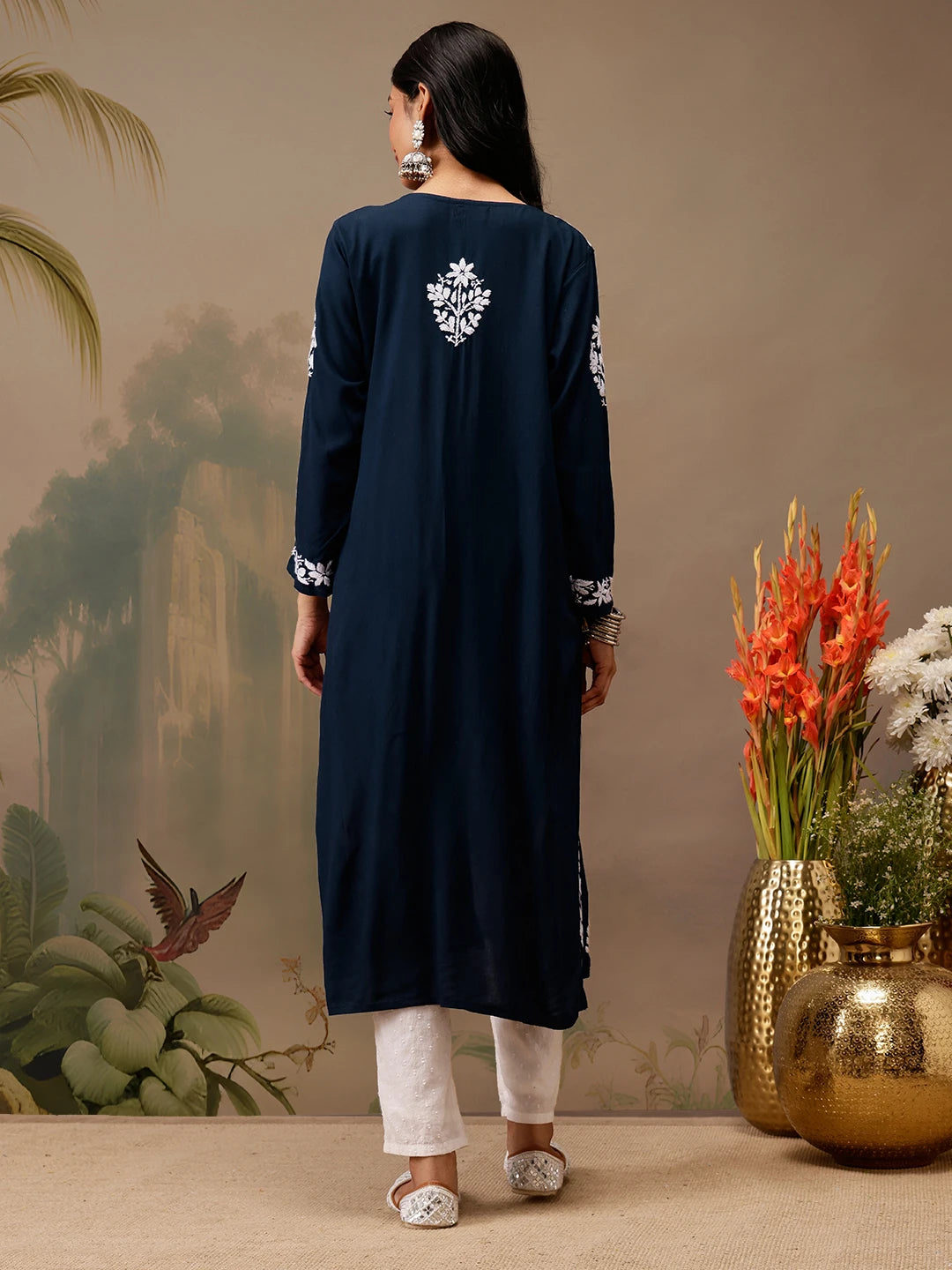 Ada Hand Embroidered Navy Blue Cotton Lucknowi Chikankari Straight Kurta A411723