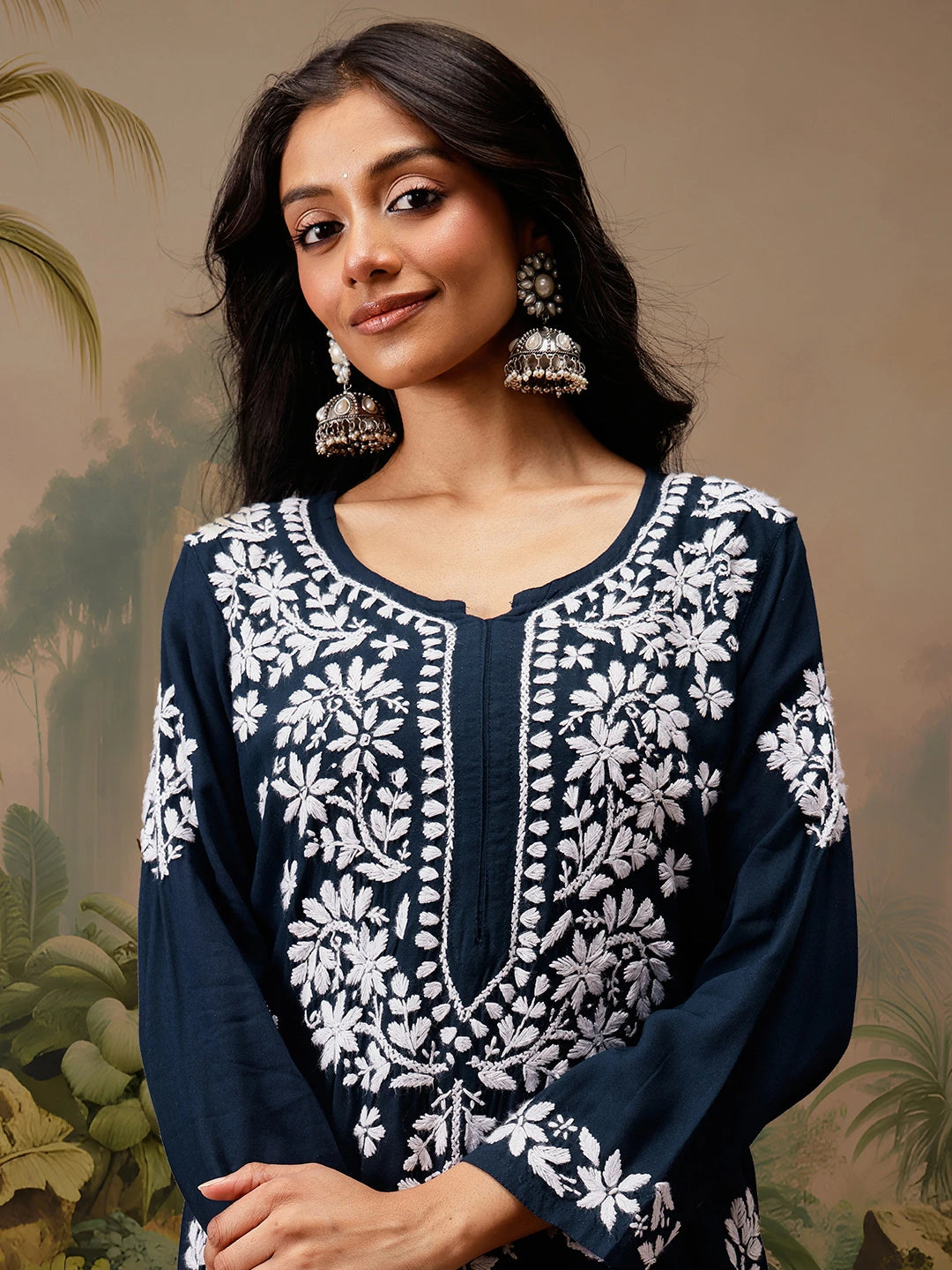 Ada Hand Embroidered Navy Blue Cotton Lucknowi Chikankari Straight Kurta A411723