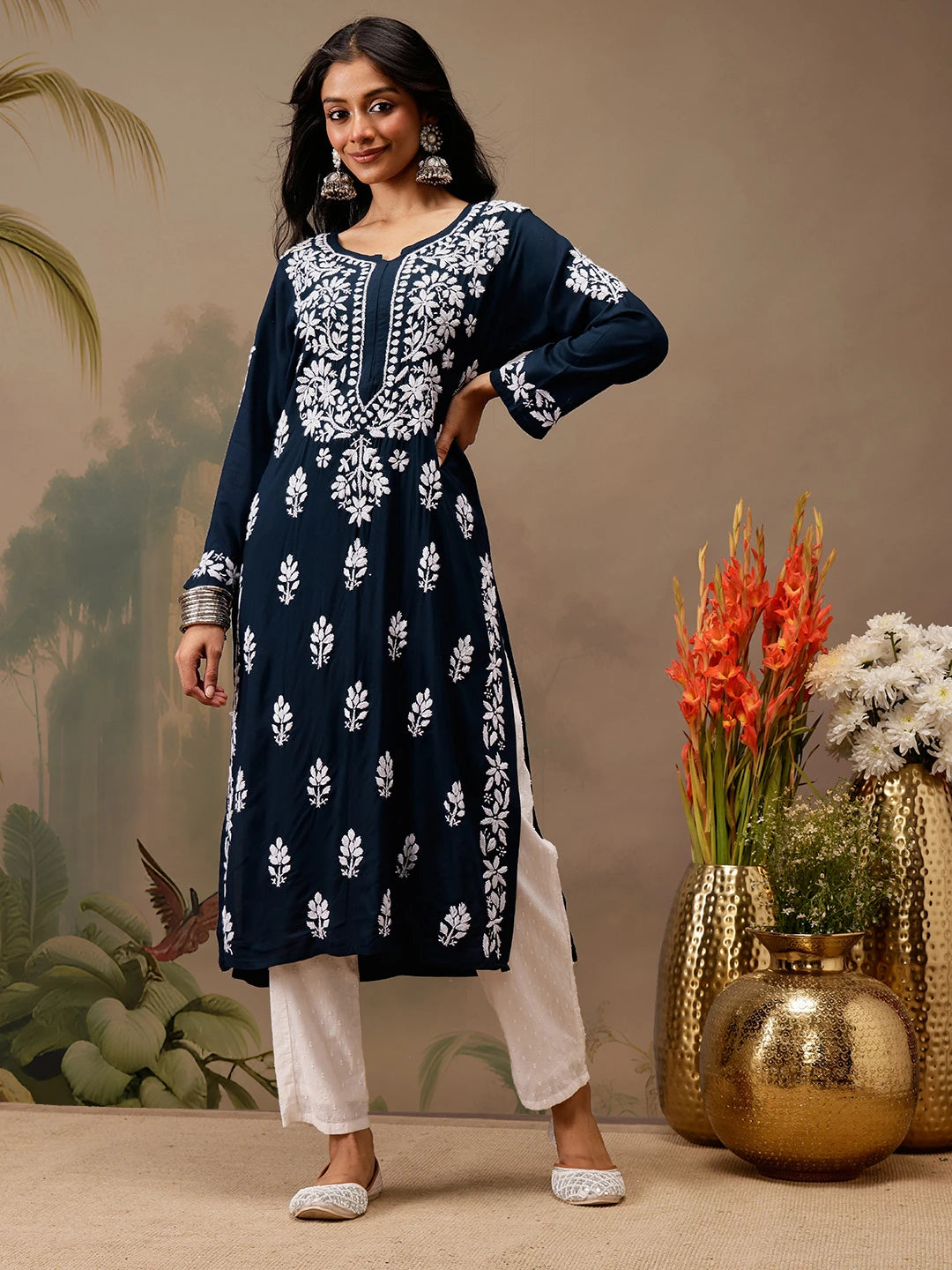 Ada Hand Embroidered Navy Blue Cotton Lucknowi Chikankari Straight Kurta A411723