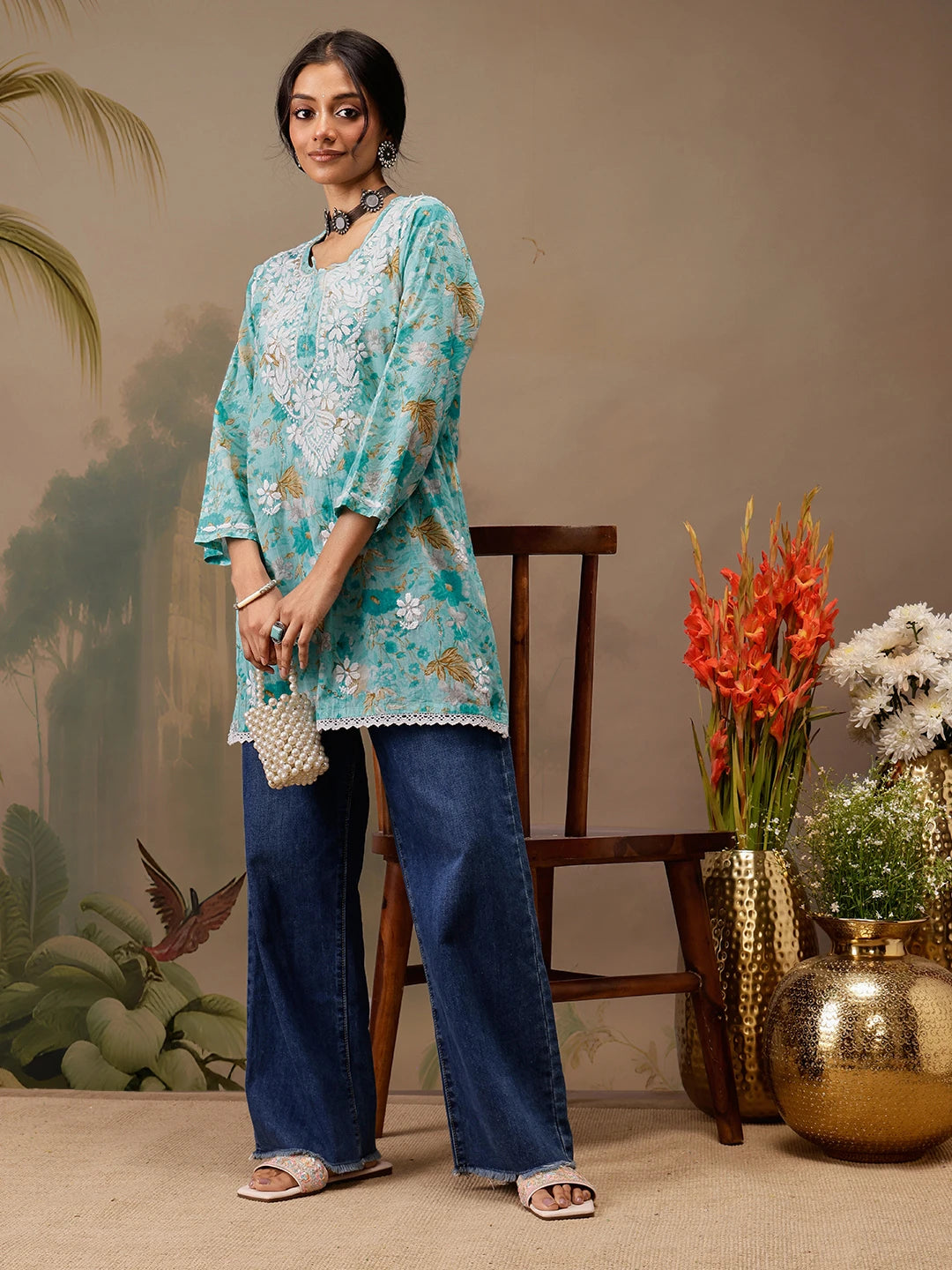 Ada Hand Embroidered Floral Printed Blue Cotton Lucknowi Chikankari Short Kurti A911454