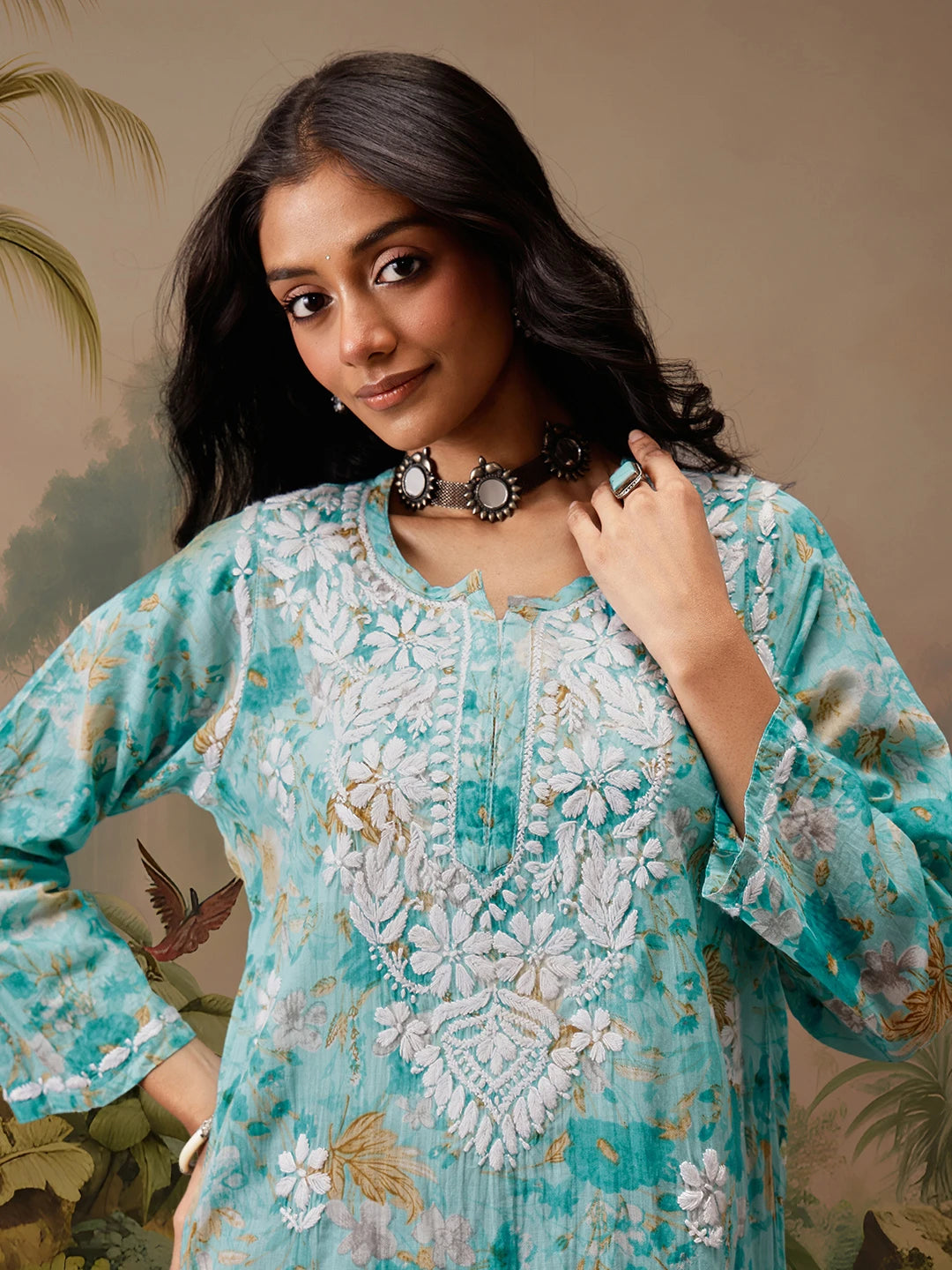 Ada Hand Embroidered Floral Printed Blue Cotton Lucknowi Chikankari Short Kurti A911454