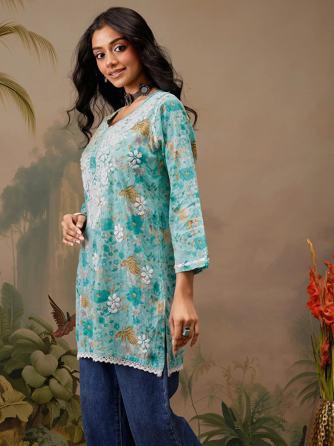 Ada Hand Embroidered Floral Printed Blue Cotton Lucknowi Chikankari Short Kurti A911454
