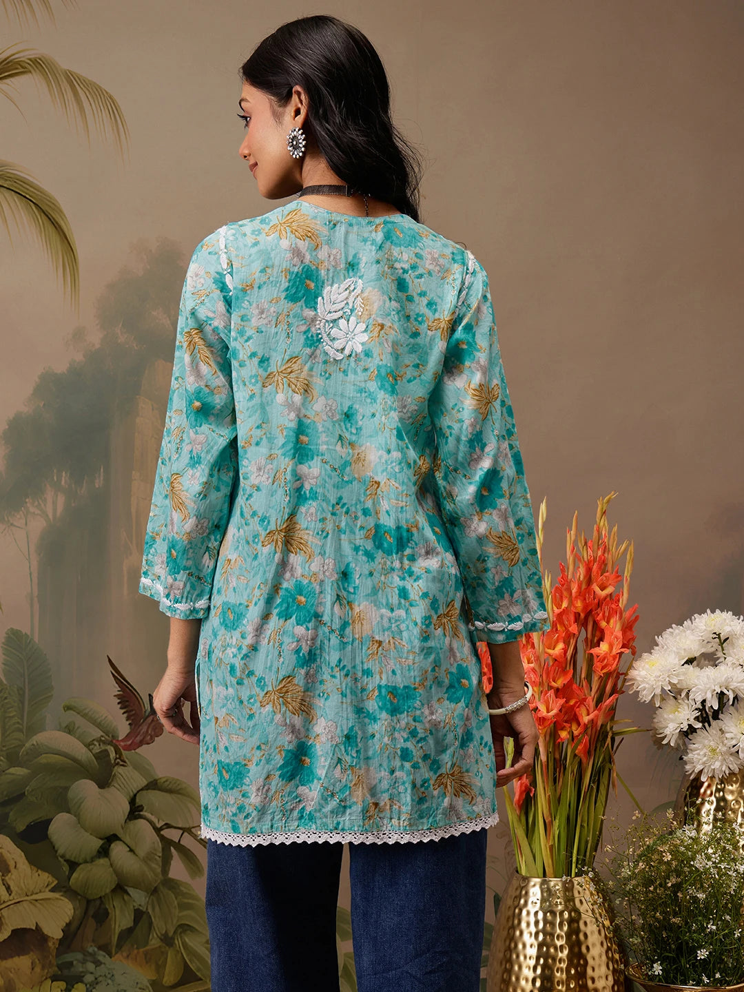 Ada Hand Embroidered Floral Printed Blue Cotton Lucknowi Chikankari Short Kurti A911454