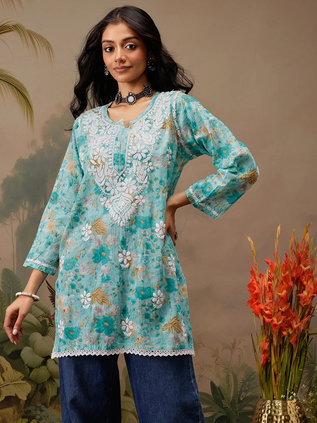 Ada Hand Embroidered Floral Printed Blue Cotton Lucknowi Chikankari Short Kurti A911454
