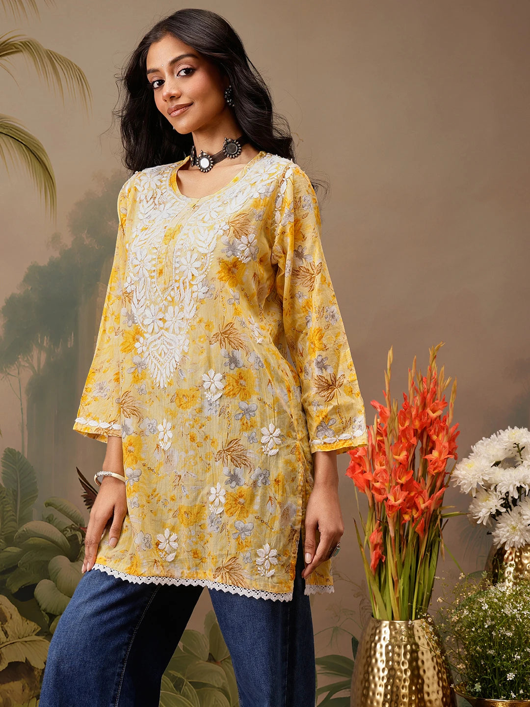 Ada Hand Embroidered Floral Printed Yellow Cotton Lucknowi Chikankari Short Kurti A911455