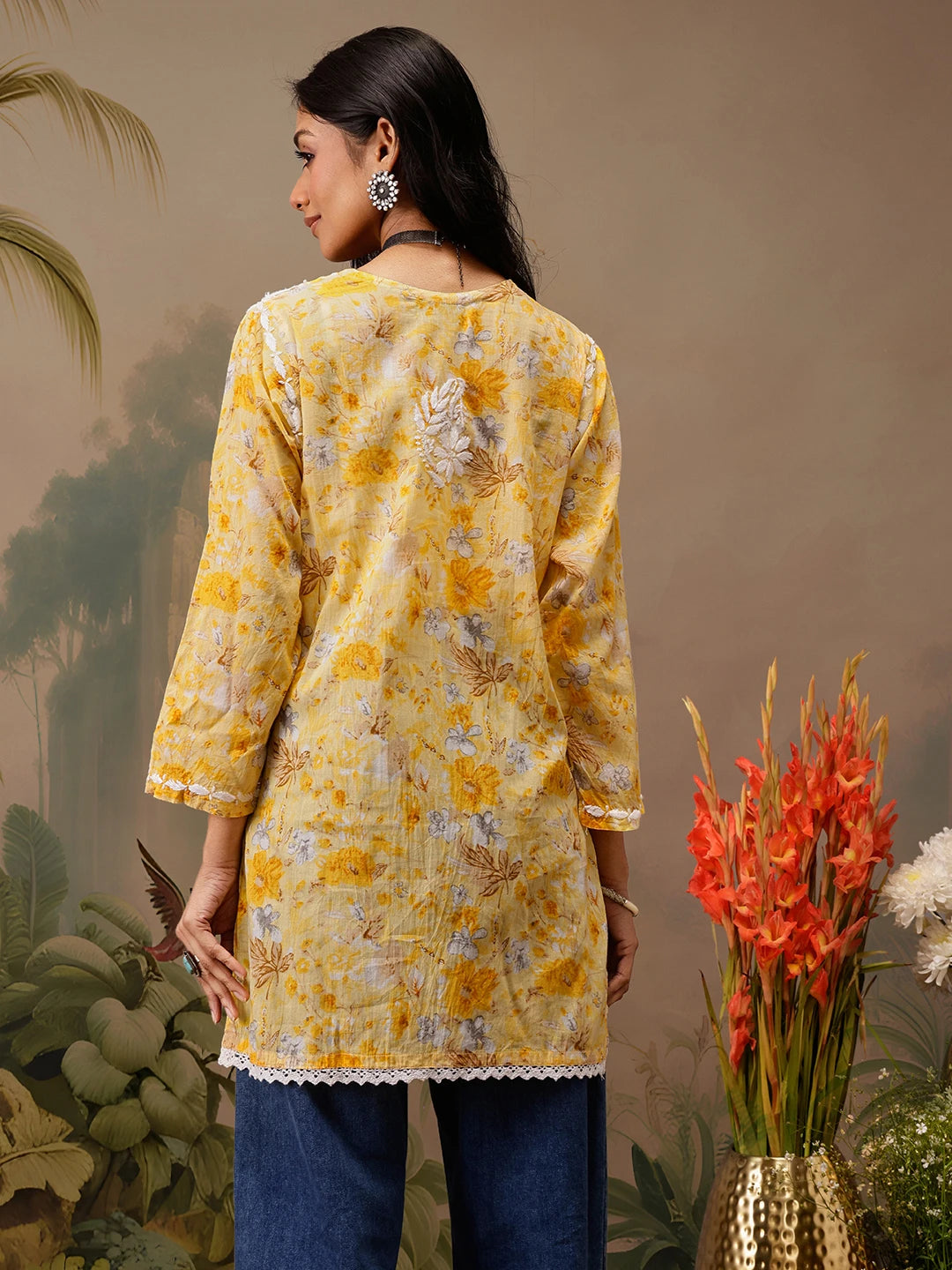 Ada Hand Embroidered Floral Printed Yellow Cotton Lucknowi Chikankari Short Kurti A911455