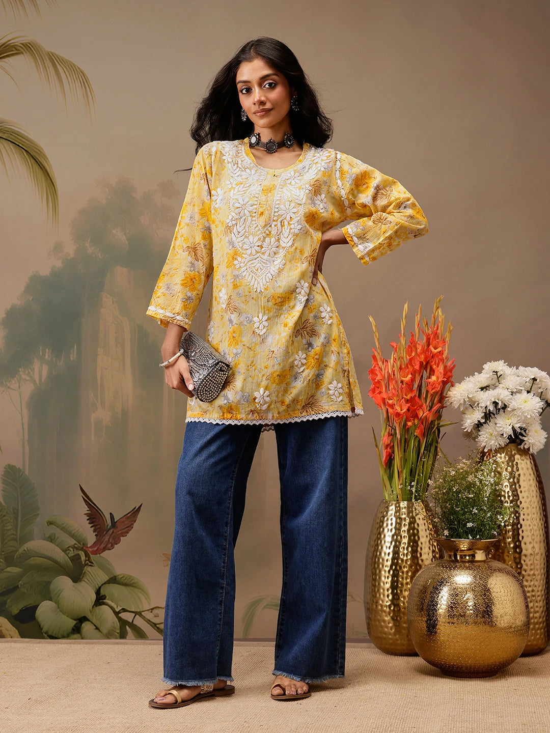 Ada Hand Embroidered Floral Printed Yellow Cotton Lucknowi Chikankari Short Kurti A911455