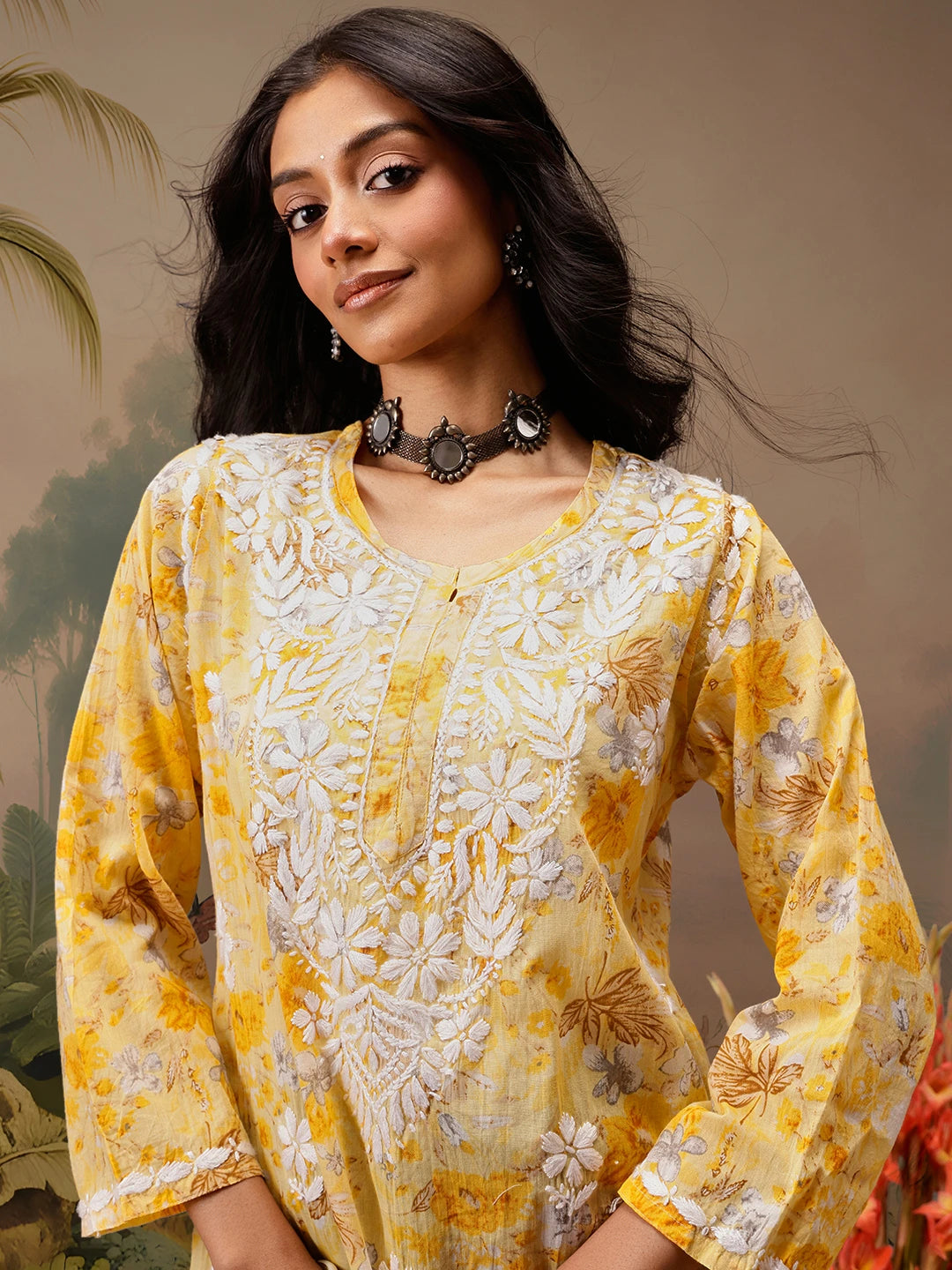 Ada Hand Embroidered Floral Printed Yellow Cotton Lucknowi Chikankari Short Kurti A911455
